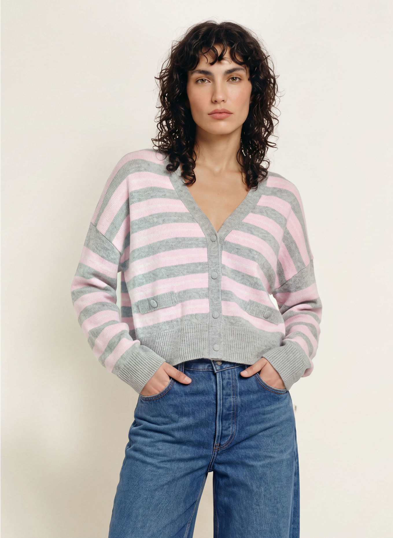 LADNERI Strickjacke ROMATUELLE mit Cashmere: ROSA / ECRU / GRAU
