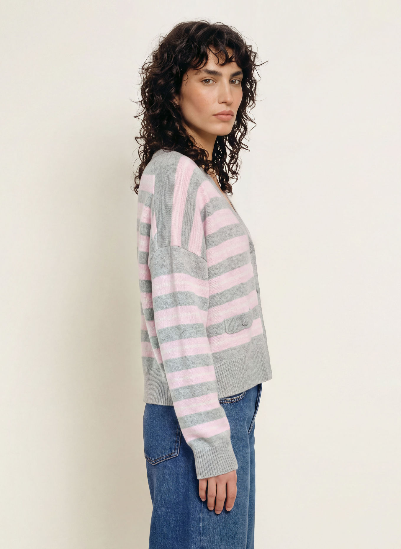 LADNERI Strickjacke ROMATUELLE mit Cashmere: ROSA / ECRU / GRAU