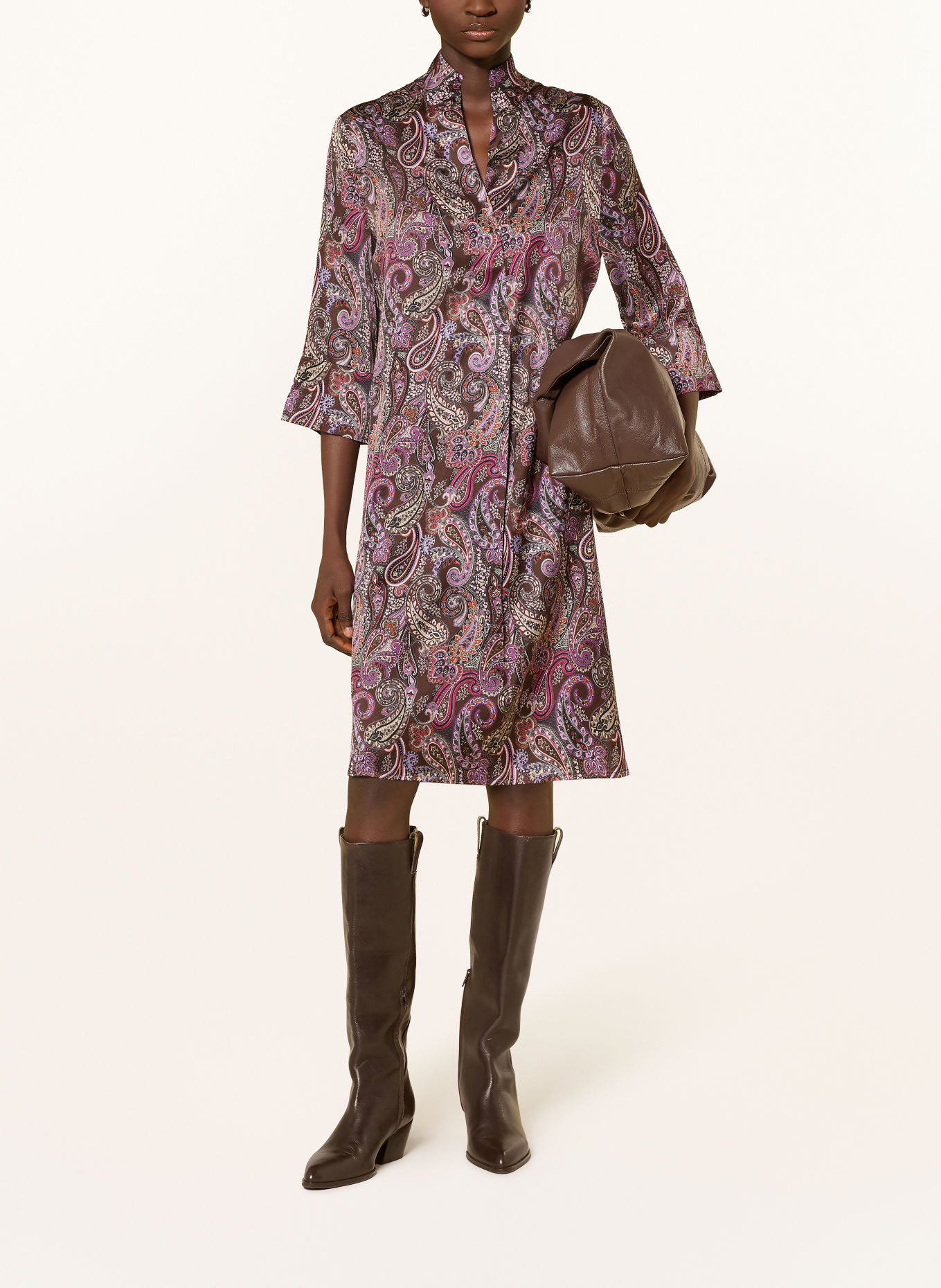 dea kudibal Robe KAMILLES en soie à manches 3/4: MARRON FONCÉ / BEIGE / LILAS