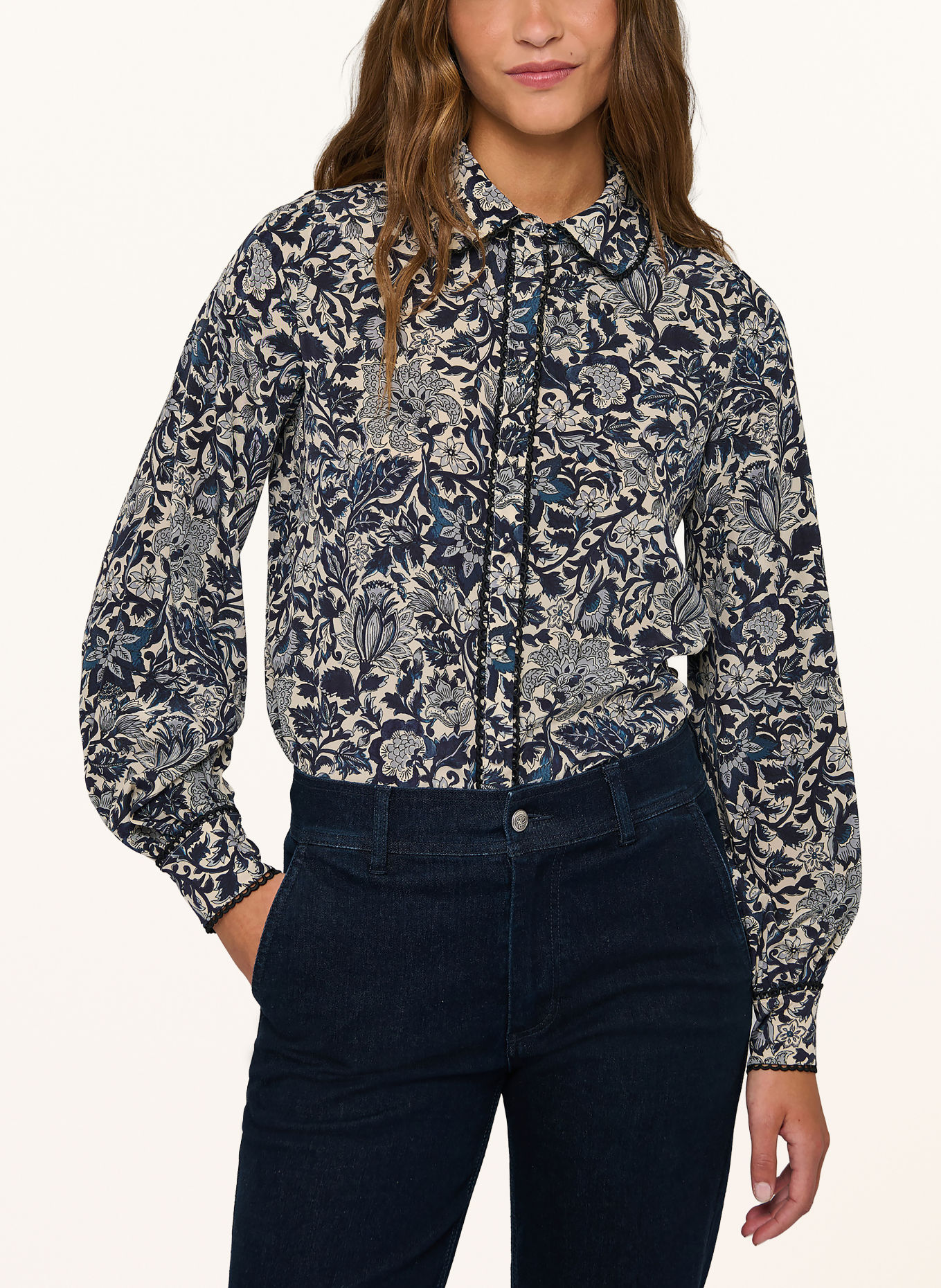 dea kudibal LENA Blouse with Silk and Lace: DARK BLUE / ECRU / BLUE GRAY