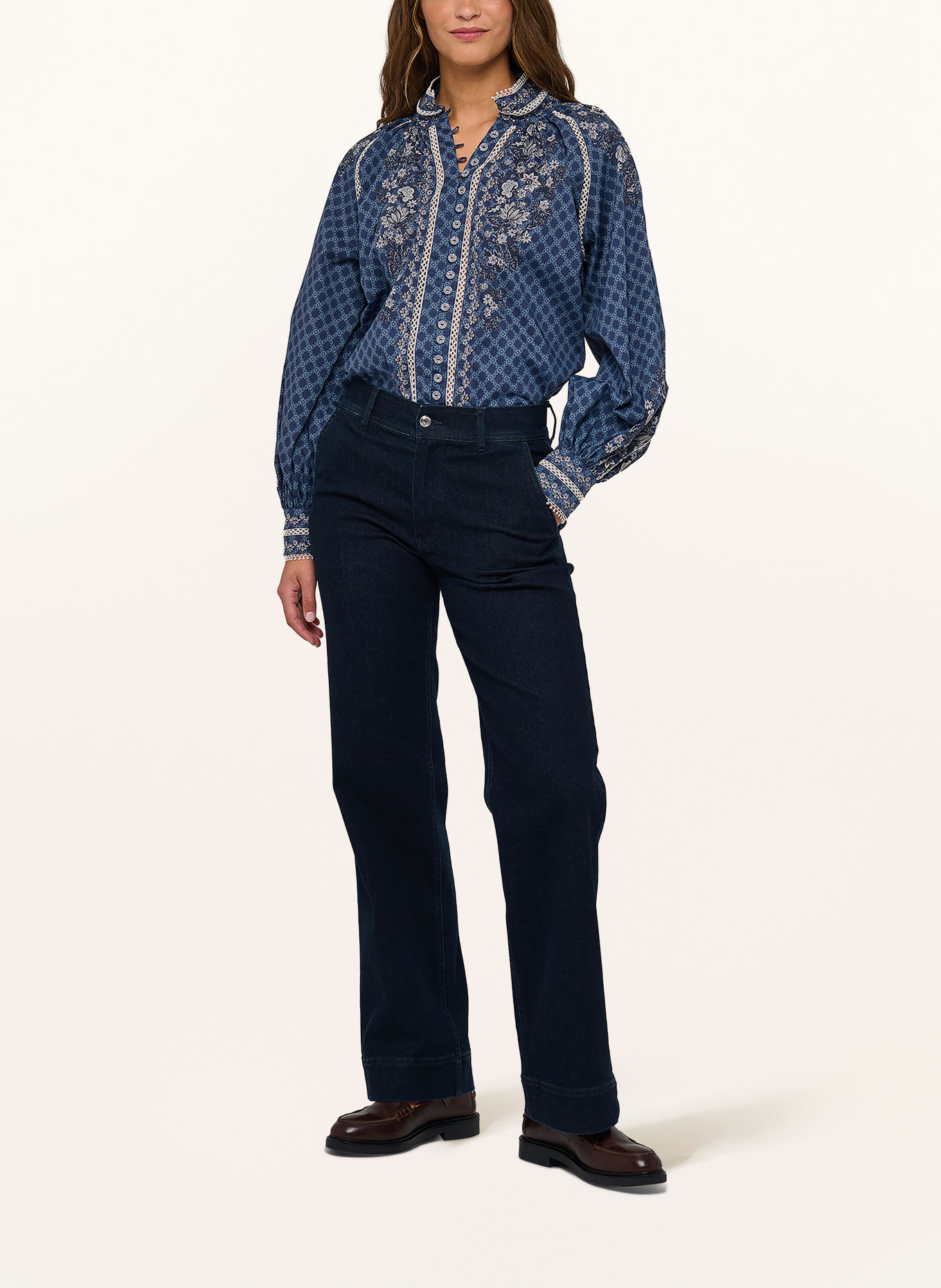 dea kudibal MONIA Blouse with Lace: DARK BLUE / LIGHT BLUE / WHITE