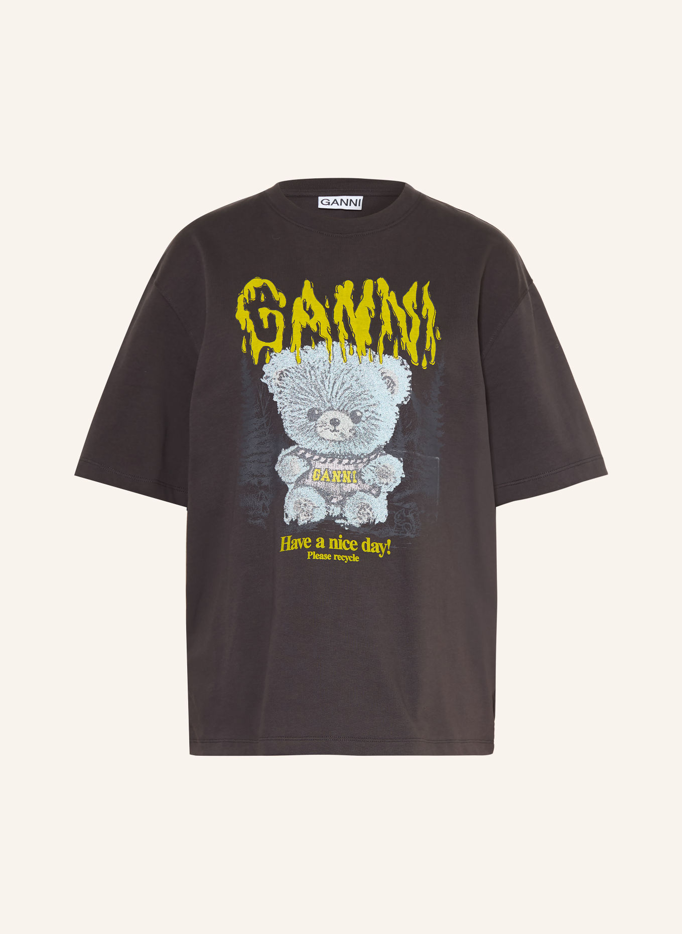 GANNI T-shirt: DARK GRAY / NEON GREEN / LIGHT BLUE