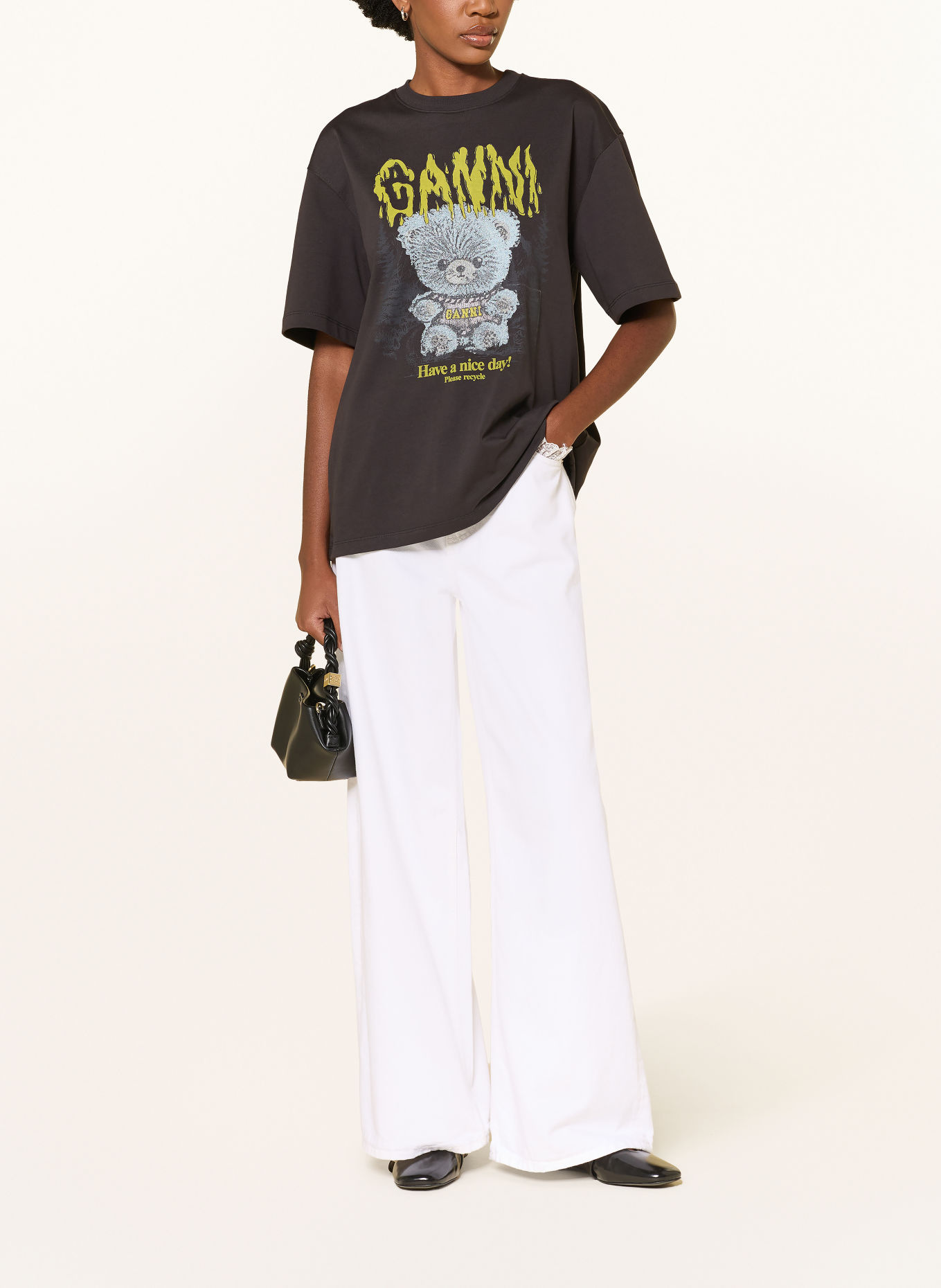 GANNI T-shirt: DARK GRAY / NEON GREEN / LIGHT BLUE