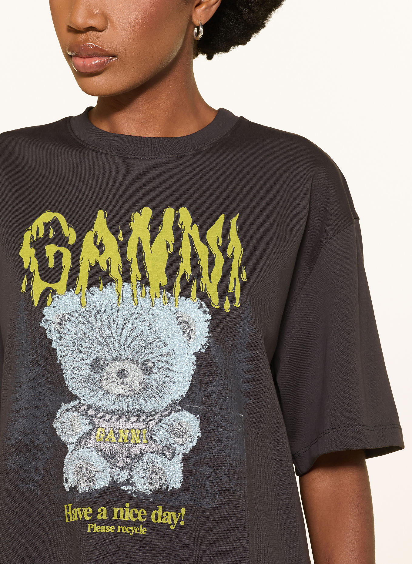 GANNI T-shirt: DARK GRAY / NEON GREEN / LIGHT BLUE