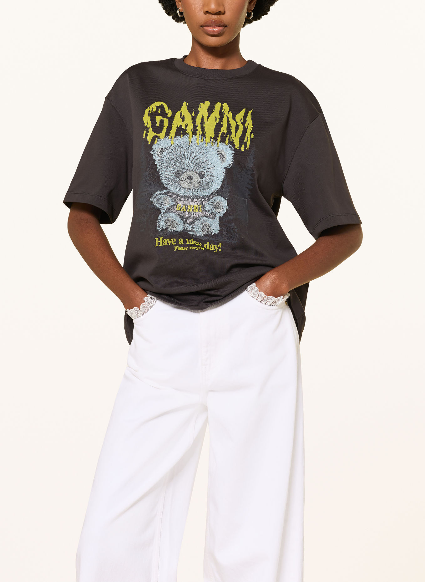 GANNI T-shirt: DARK GRAY / NEON GREEN / LIGHT BLUE