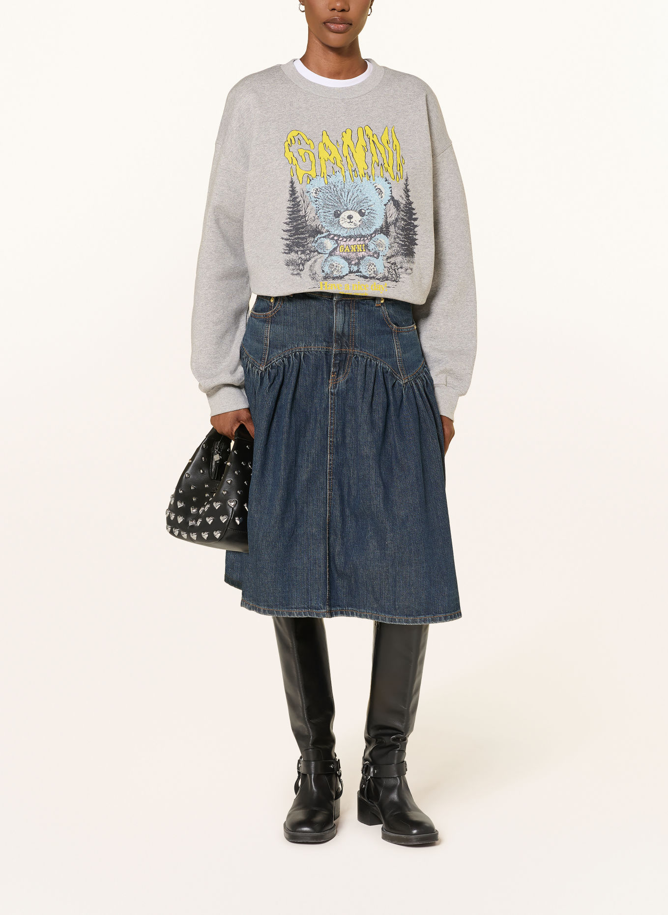 GANNI Oversized-Sweatshirt met sierstenen: GRIJS / BLAUWGRIJS / GEEL