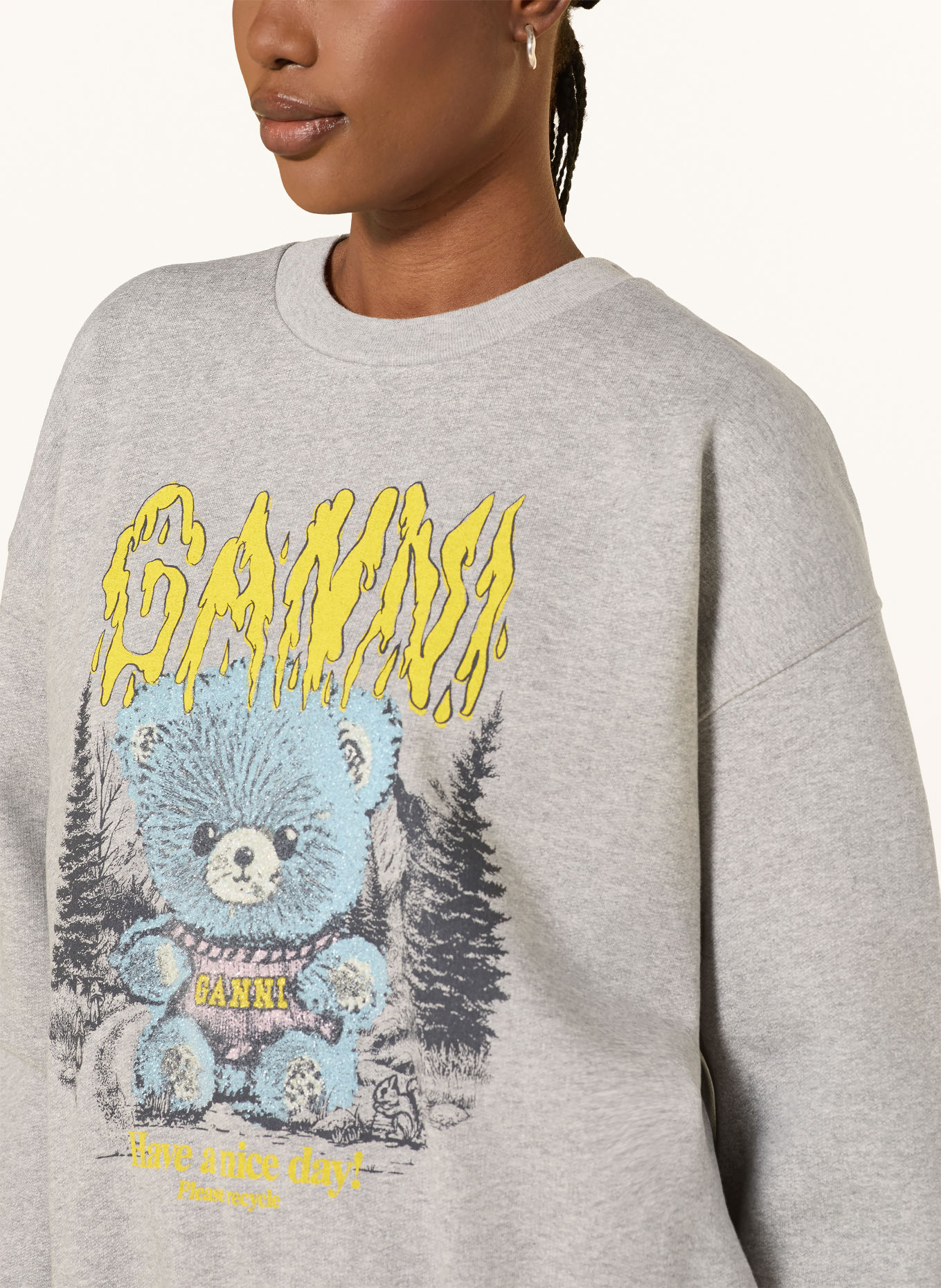 GANNI Oversized-Sweatshirt met sierstenen: GRIJS / BLAUWGRIJS / GEEL