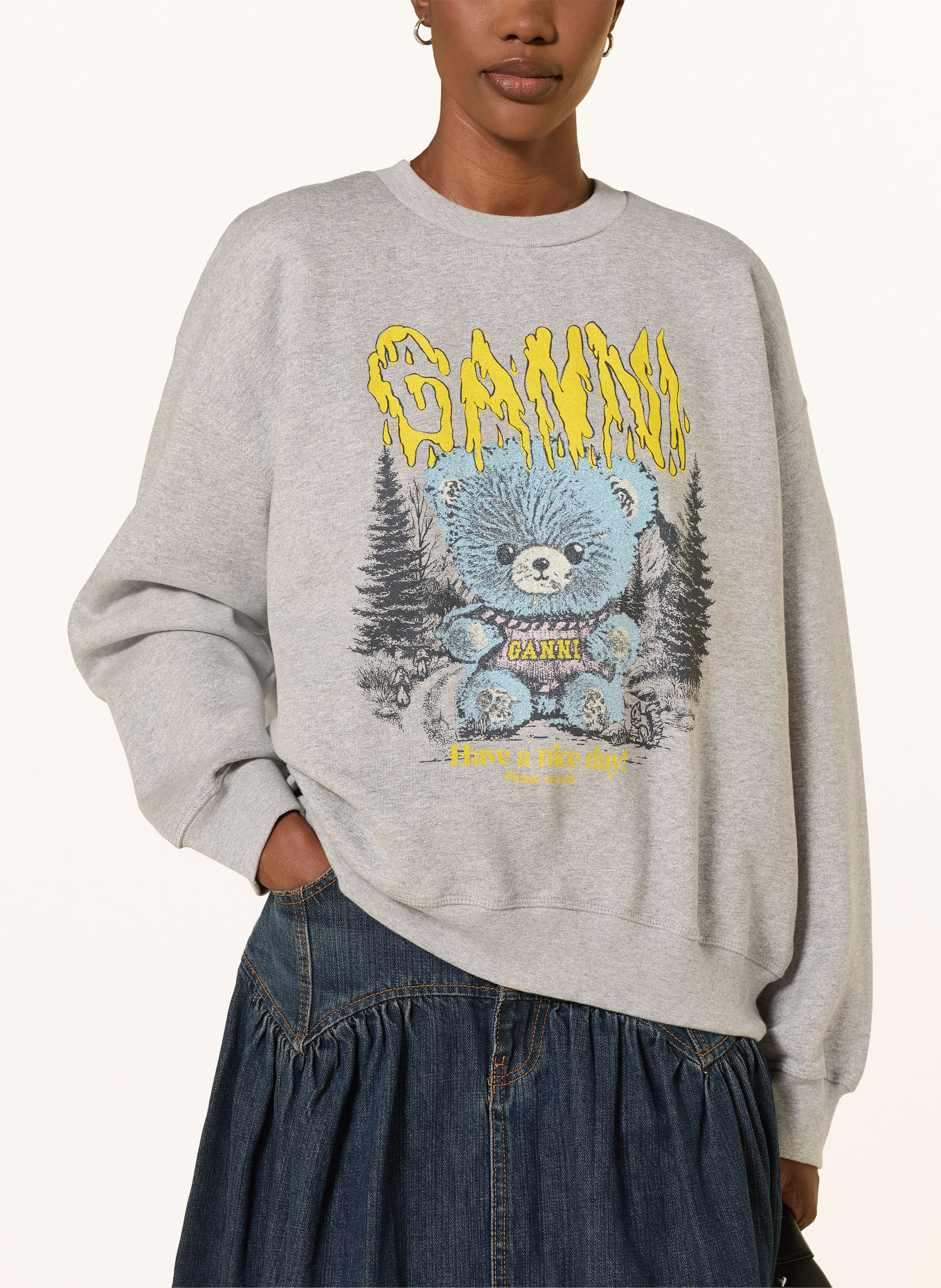 GANNI Oversized-Sweatshirt met sierstenen: GRIJS / BLAUWGRIJS / GEEL