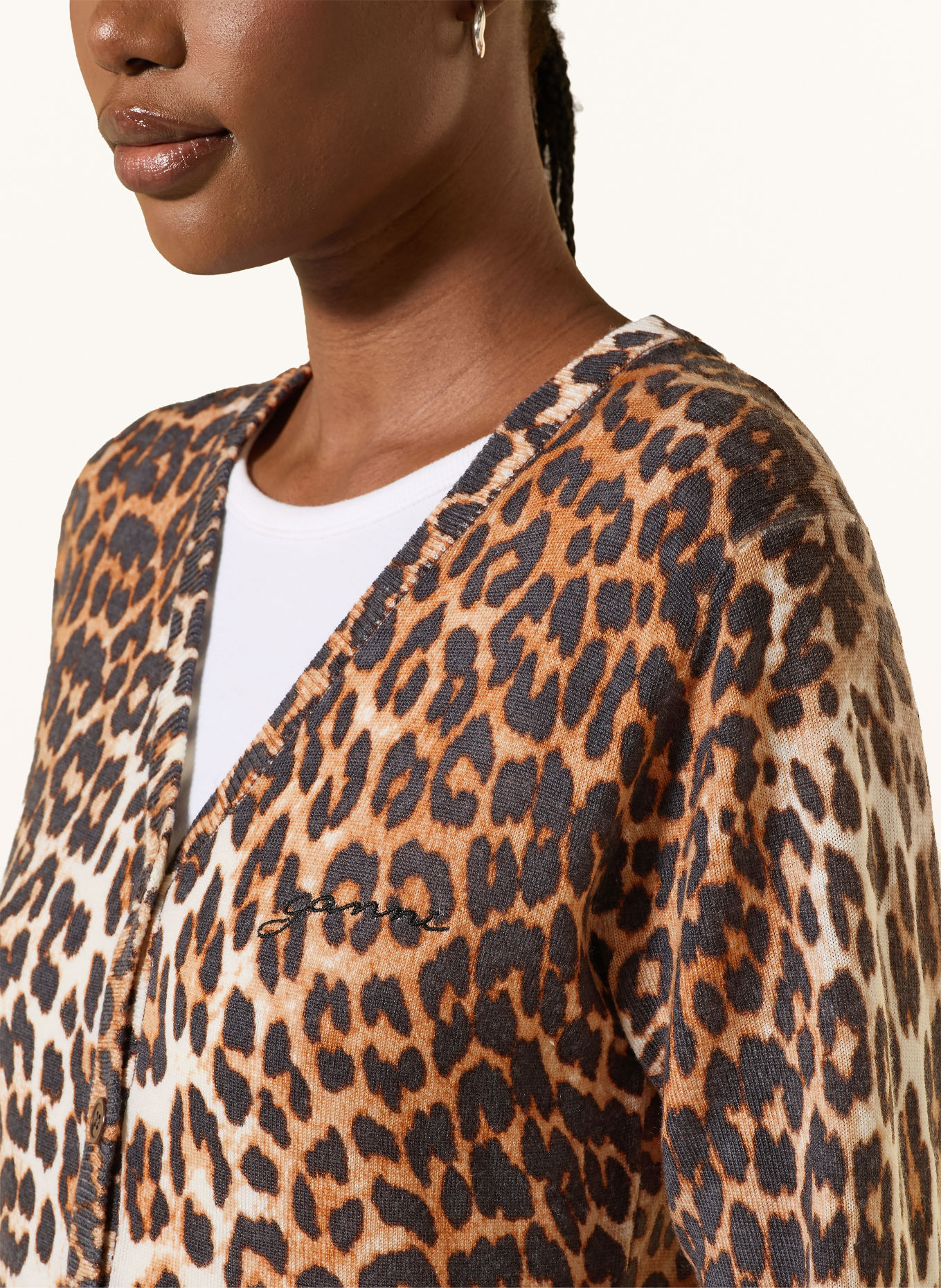GANNI Gilet en laine mérinos: MARRON / ÉCRU / NOIR