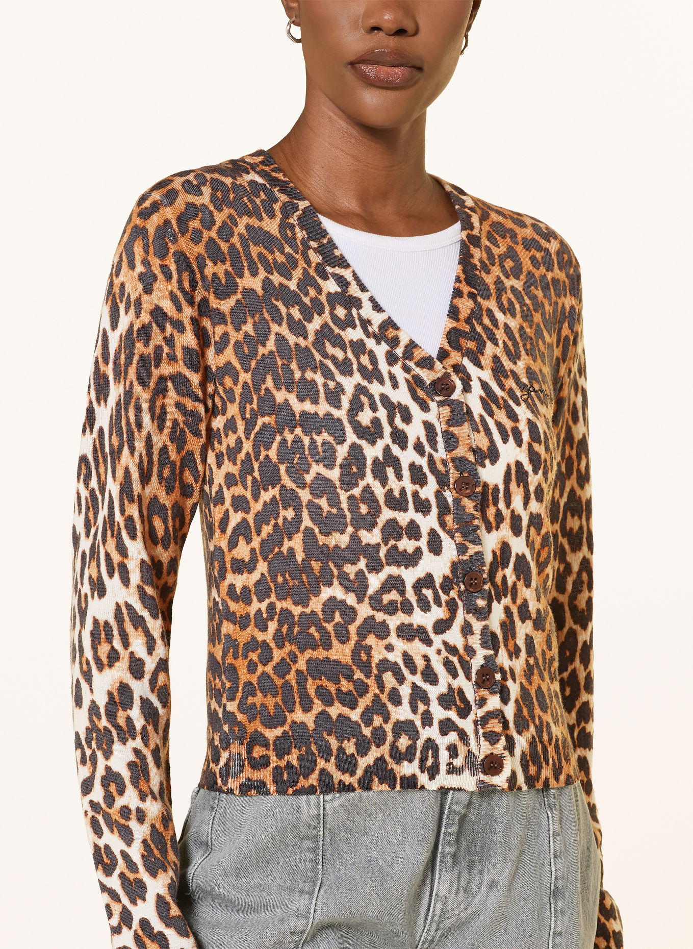 GANNI Gilet en laine mérinos: MARRON / ÉCRU / NOIR