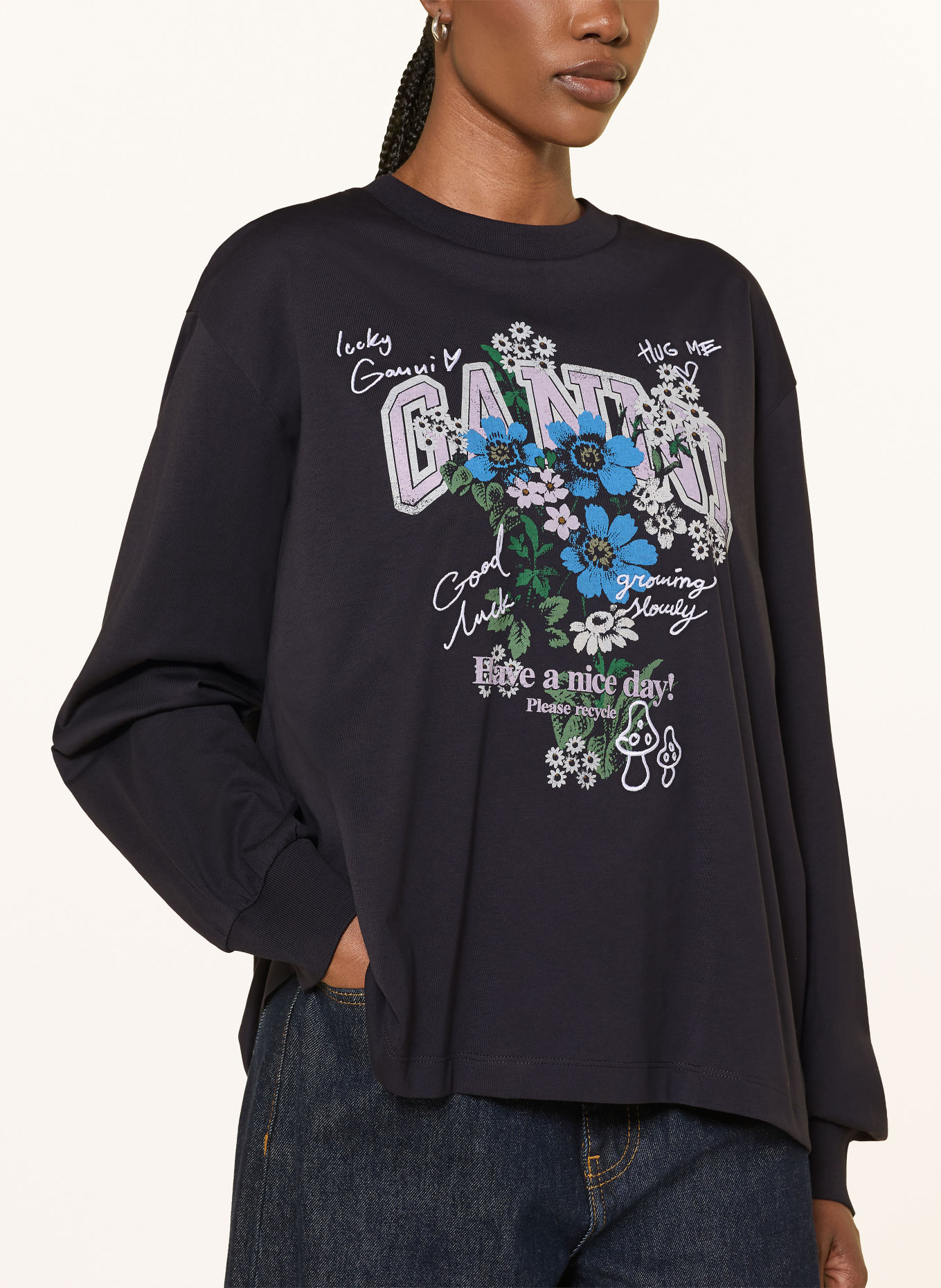 GANNI Longsleeve: ZWART / LICHTPAARS / BLAUW