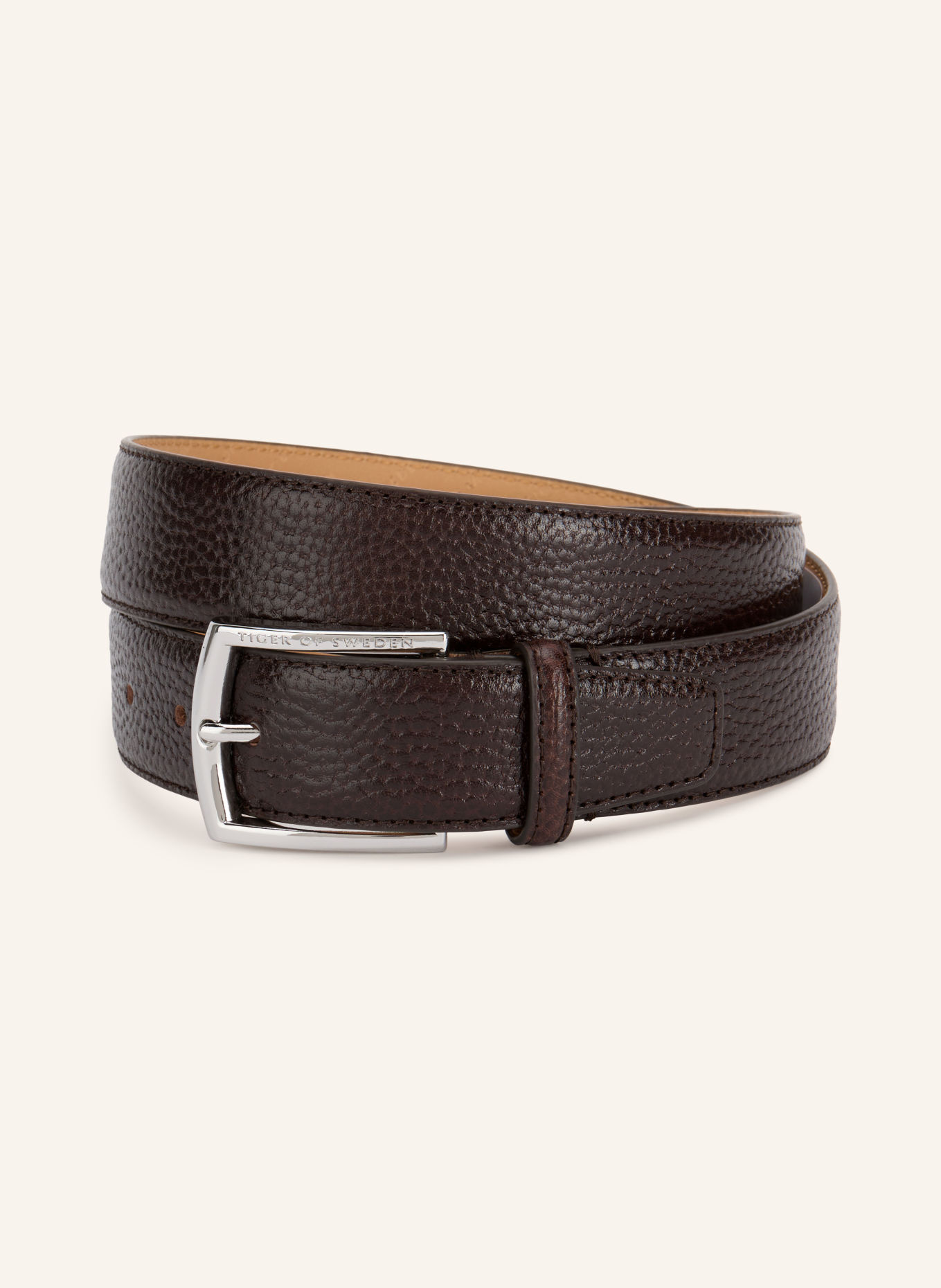 TIGER OF SWEDEN Leren riem BERGSTROM: MARRON FONCÉ / ZILVER