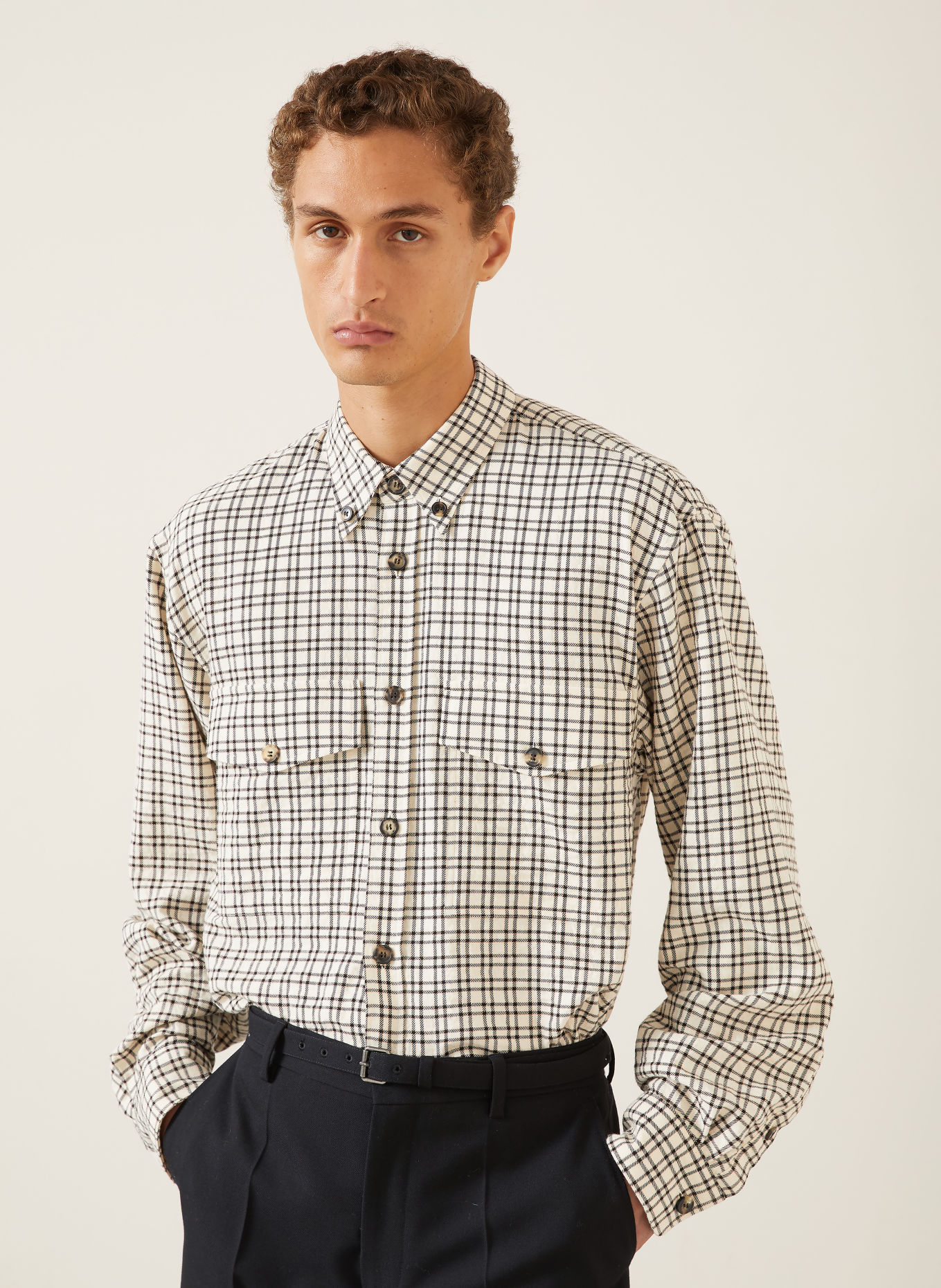 DRIES VAN NOTEN Comfort Fit Shirt: ECRU / LIGHT BROWN / BLACK