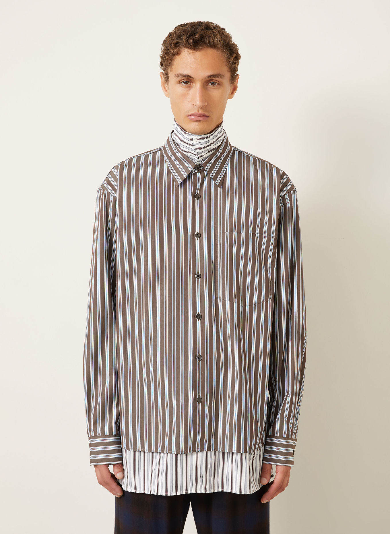 DRIES VAN NOTEN Loose-Fit Shirt: BROWN / LIGHT BLUE / WHITE