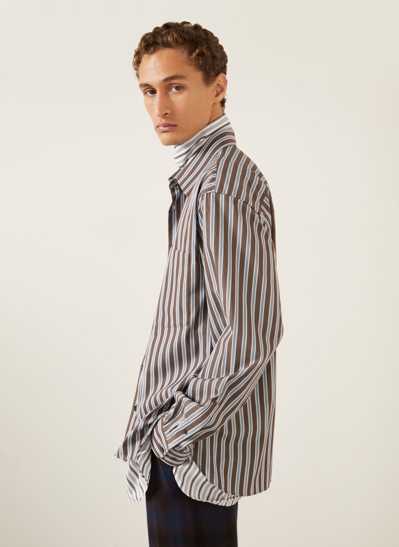 DRIES VAN NOTEN Loose-Fit Shirt: BROWN / LIGHT BLUE / WHITE