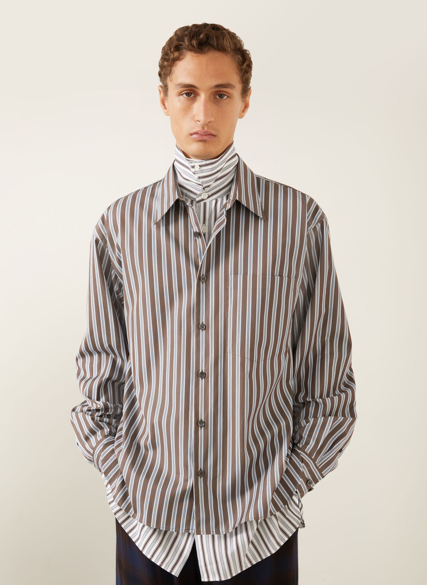 DRIES VAN NOTEN Loose-Fit Shirt: BROWN / LIGHT BLUE / WHITE