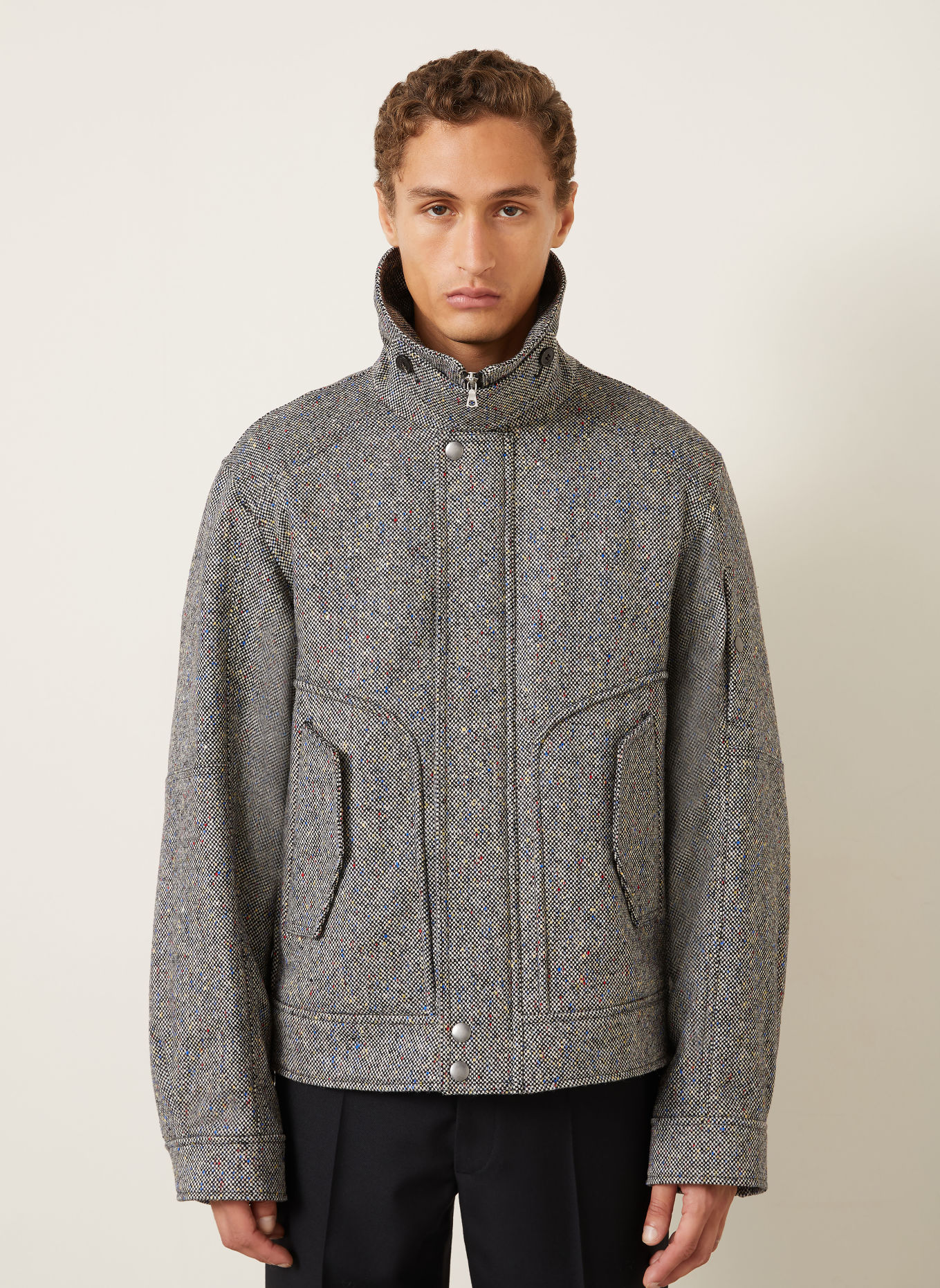 DRIES VAN NOTEN Tweed Bomber jacket: BLACK / BLUE / WHITE
