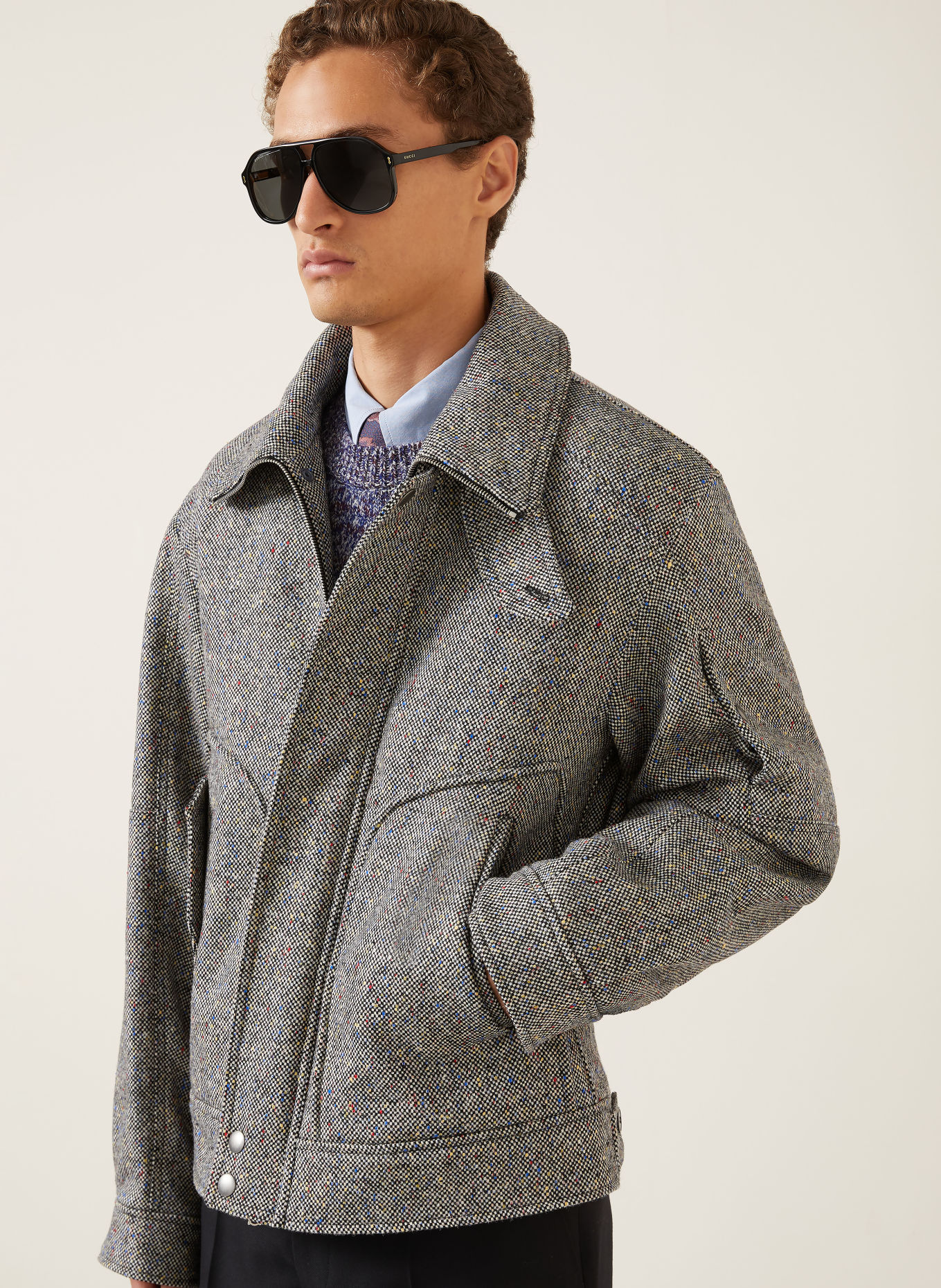 DRIES VAN NOTEN Tweed Bomber jacket: BLACK / BLUE / WHITE