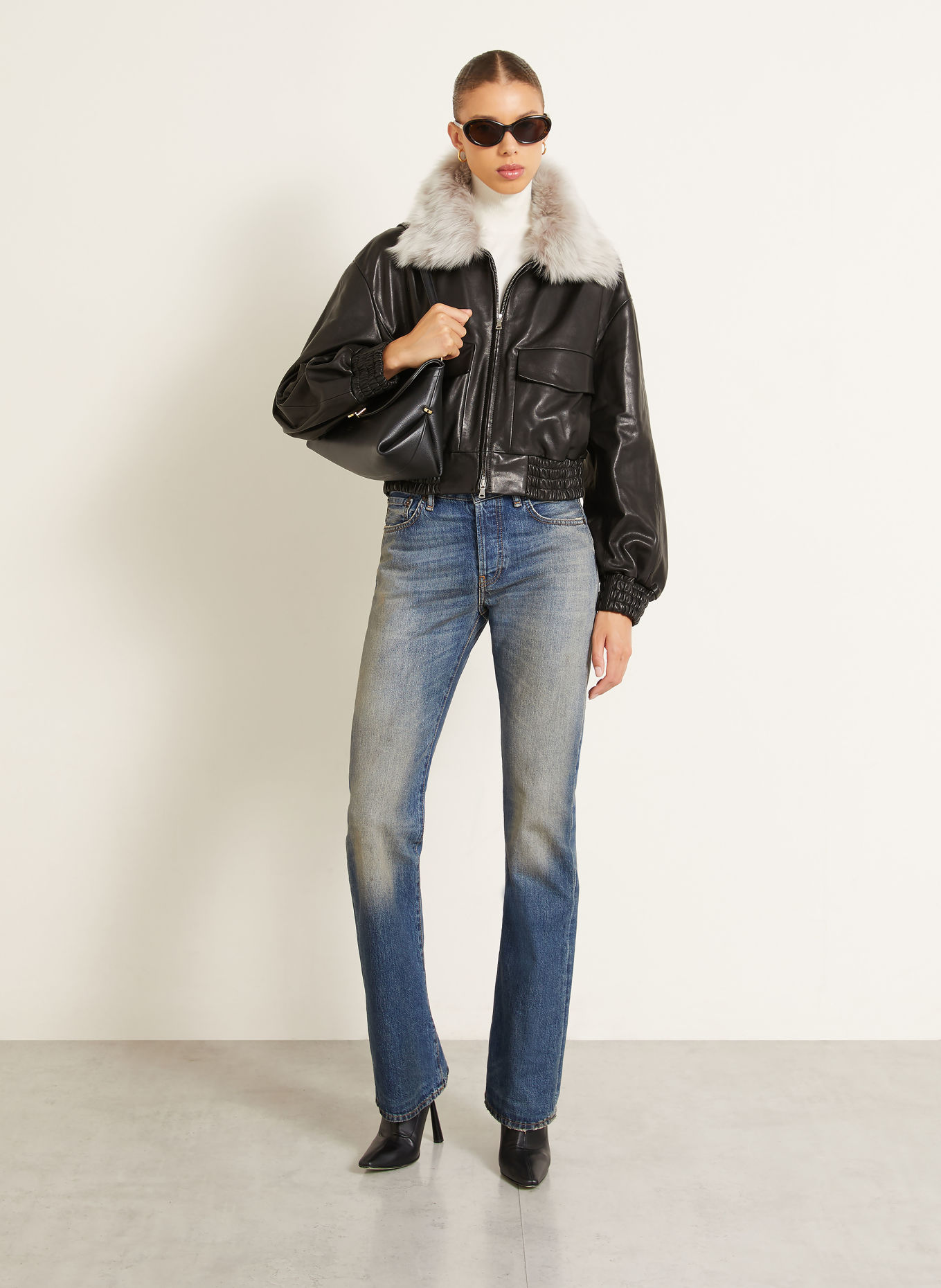NOUR HAMMOUR ELLERY leather jacket with detachable collar: BLACK / LIGHT GRAY