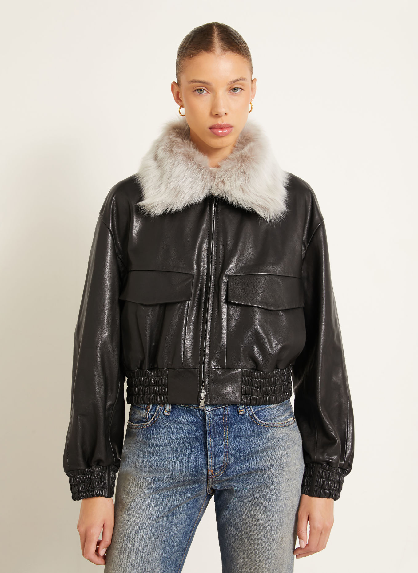 NOUR HAMMOUR ELLERY leather jacket with detachable collar: BLACK / LIGHT GRAY