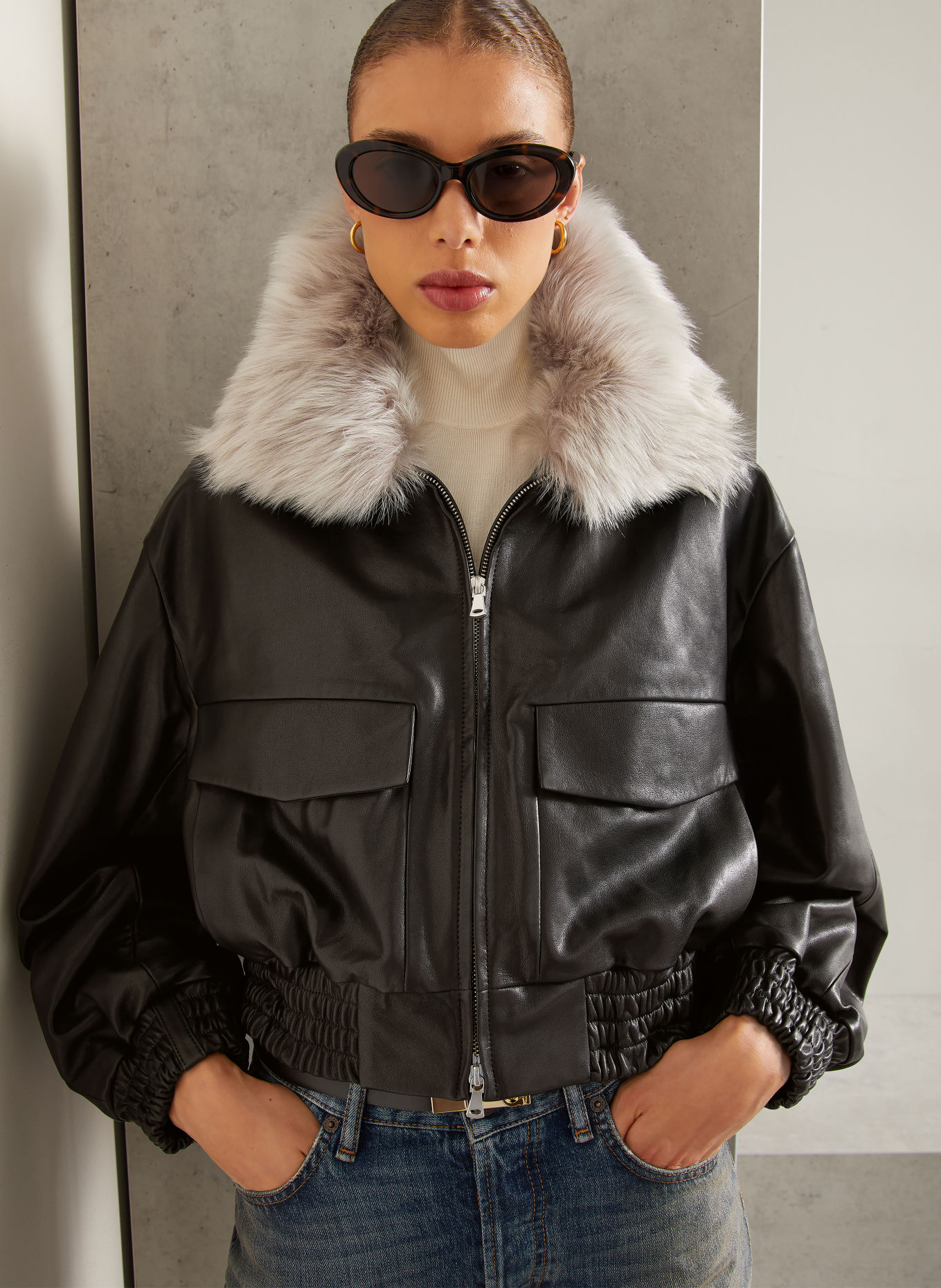 NOUR HAMMOUR ELLERY leather jacket with detachable collar: BLACK / LIGHT GRAY