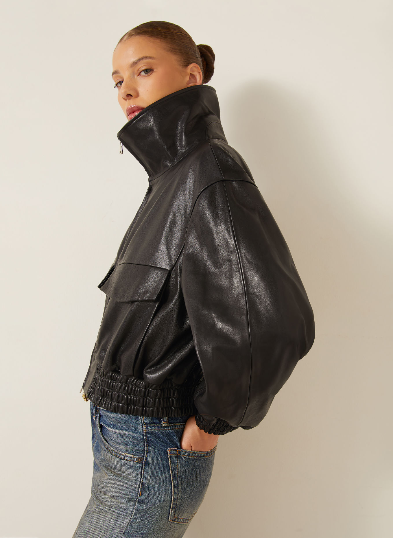 NOUR HAMMOUR ELLERY leather jacket with detachable collar: BLACK / LIGHT GRAY