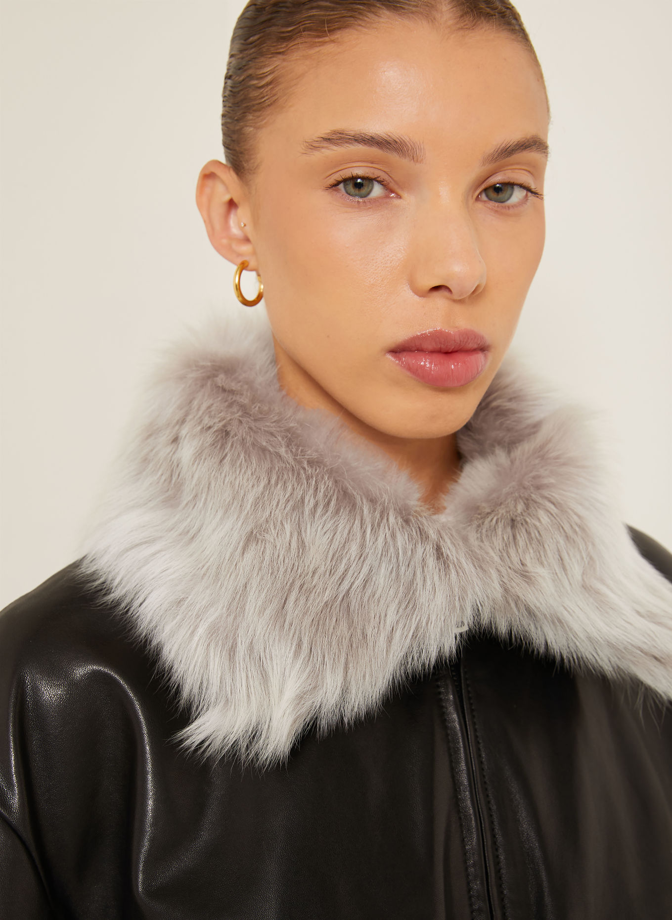 NOUR HAMMOUR ELLERY leather jacket with detachable collar: BLACK / LIGHT GRAY