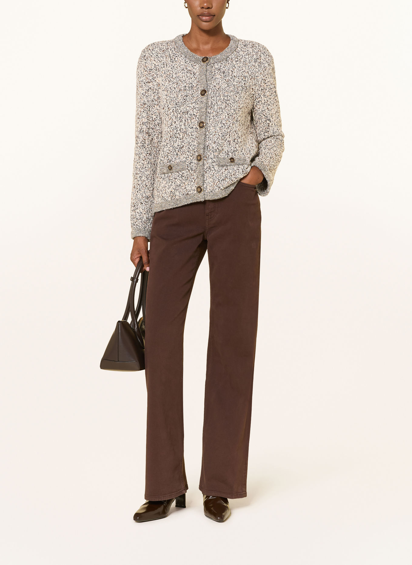 Veronica Beard REXTON cardigan made of bouclé with glitter yarn: BEIGE / DARK BROWN