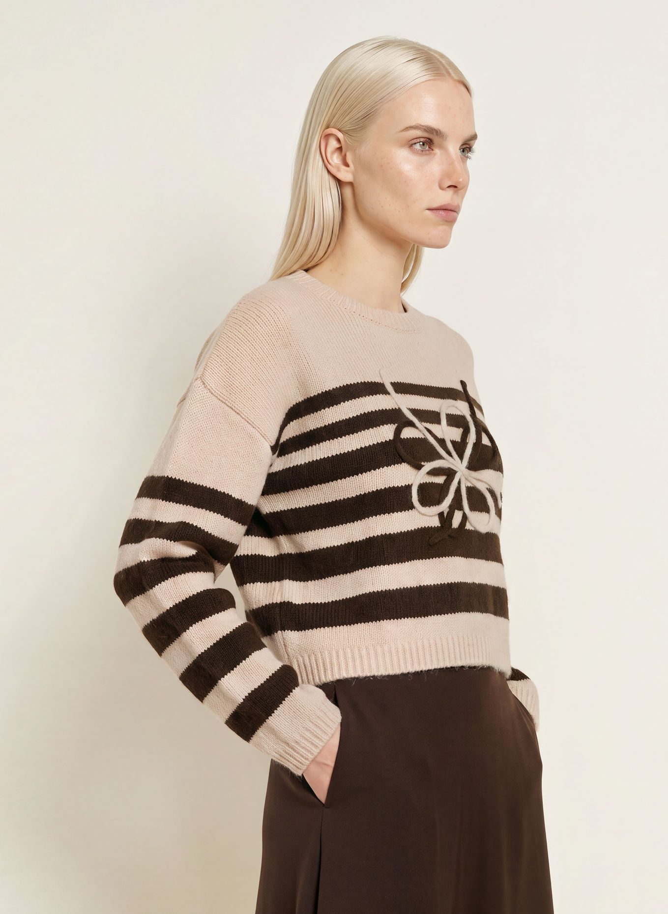 MORE & MORE Trui: ECRU / MARRON FONCÉ