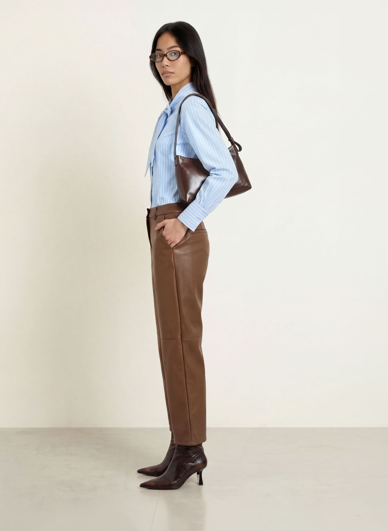 MORE & MORE Leather-look trousers: BROWN