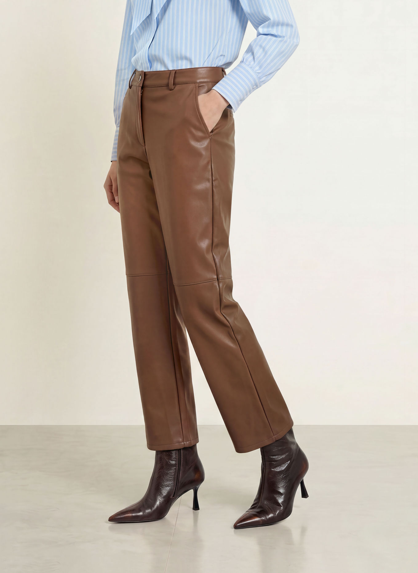 MORE & MORE Leather-look trousers: BROWN