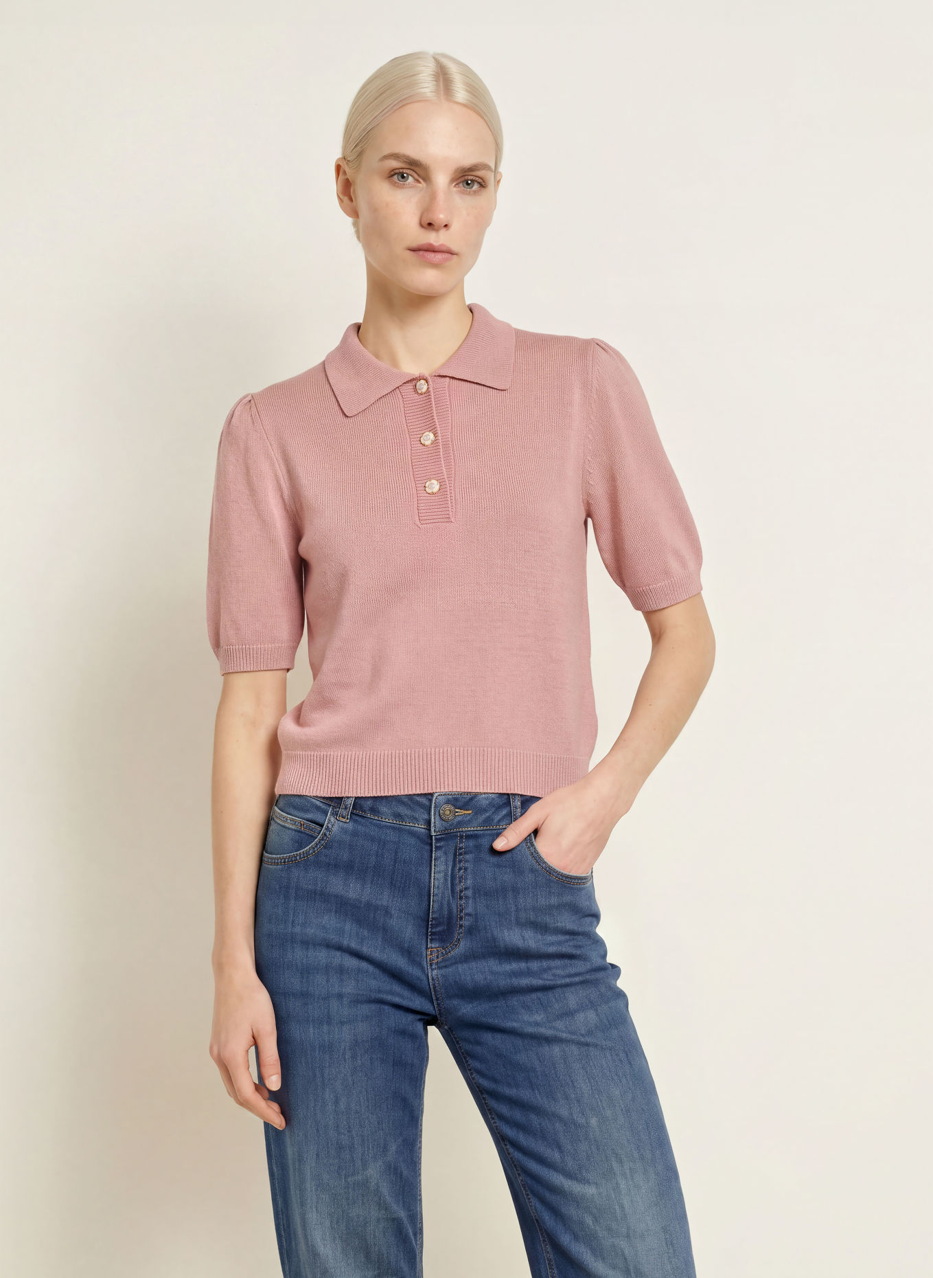 MORE & MORE Strick-Poloshirt mit 3/4-Arm: ROSÉ