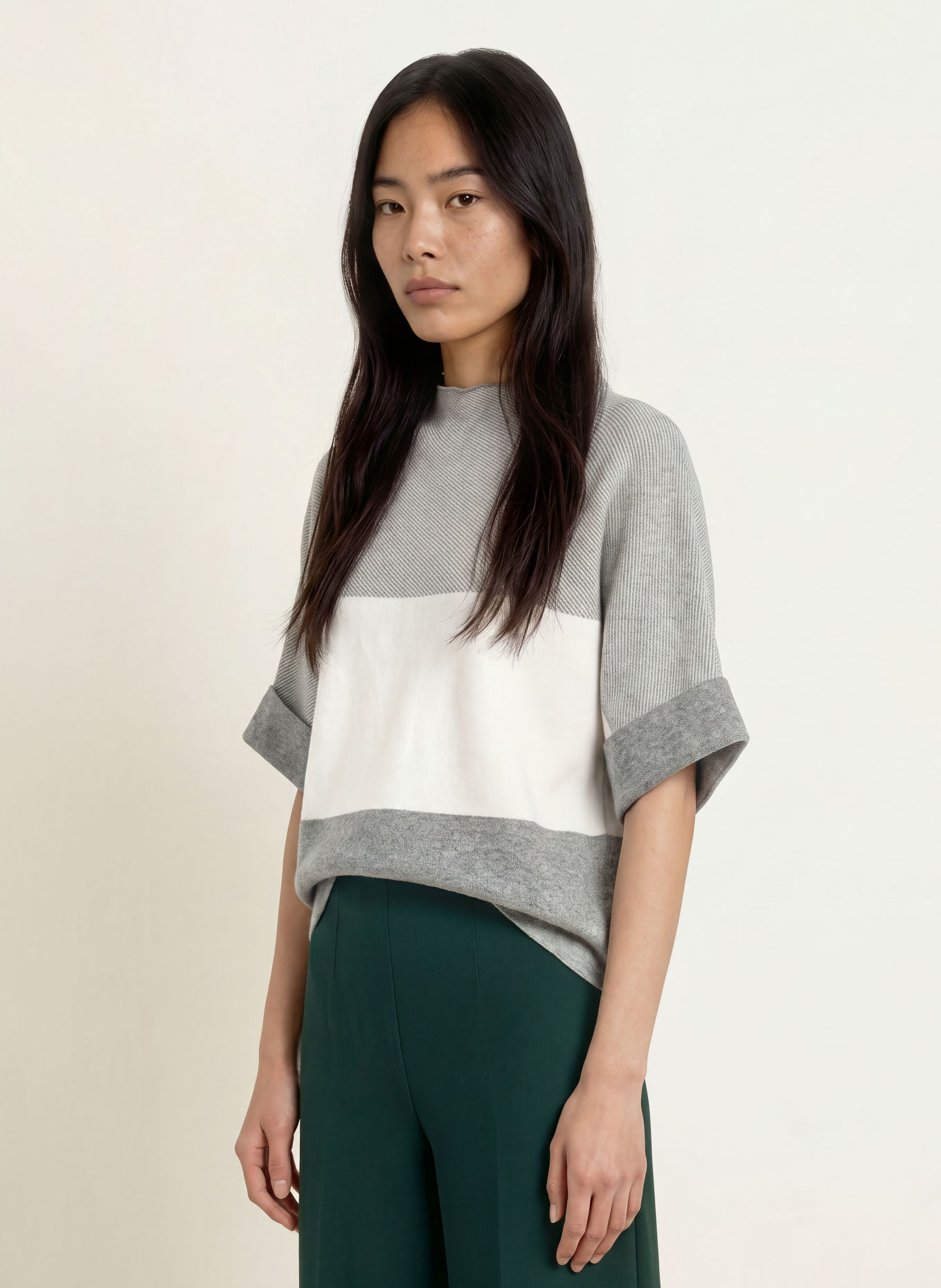 MORE & MORE Sweater with 3/4-length sleeves: GRAY / CREAM