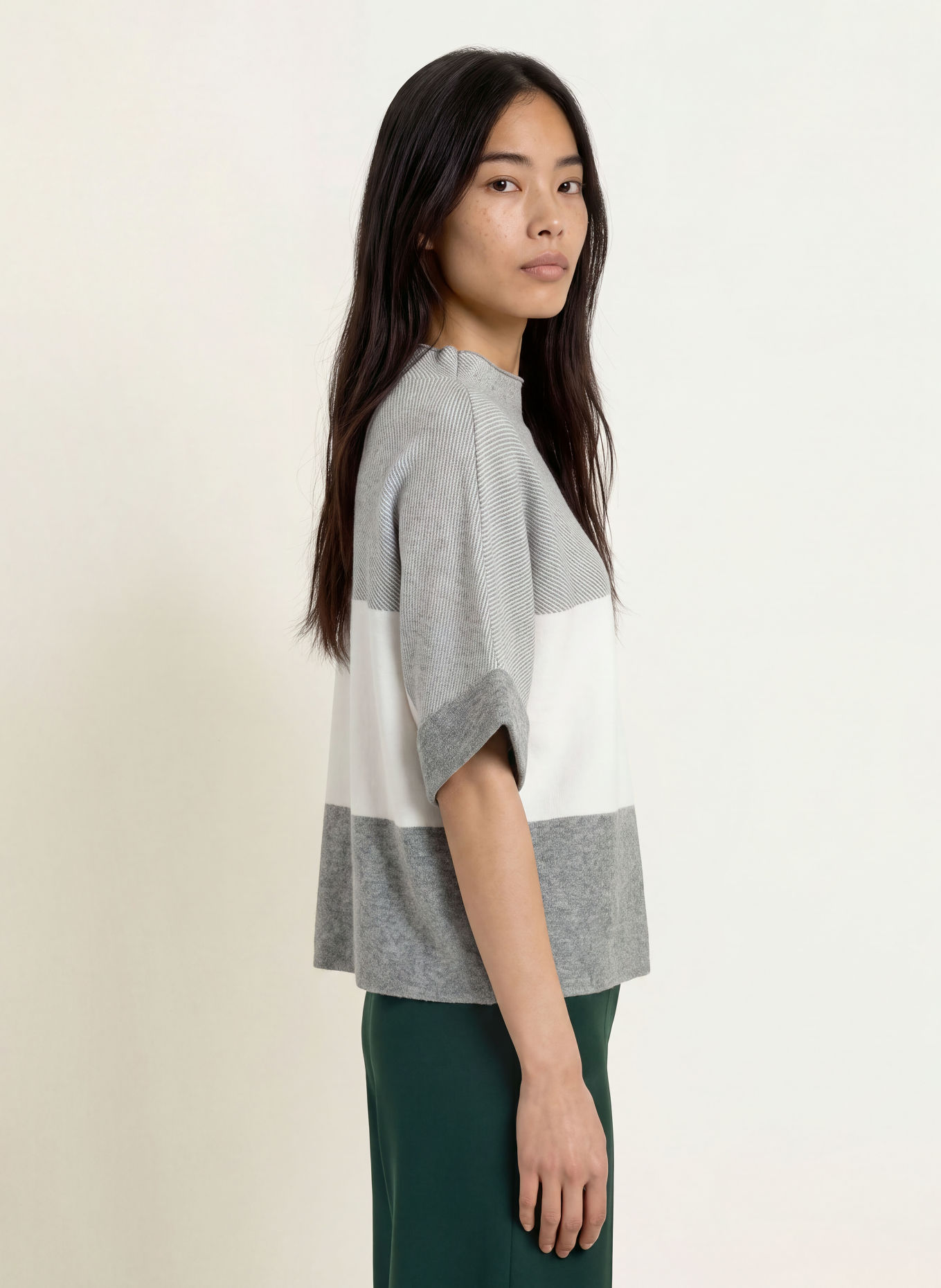 MORE & MORE Sweater with 3/4-length sleeves: GRAY / CREAM