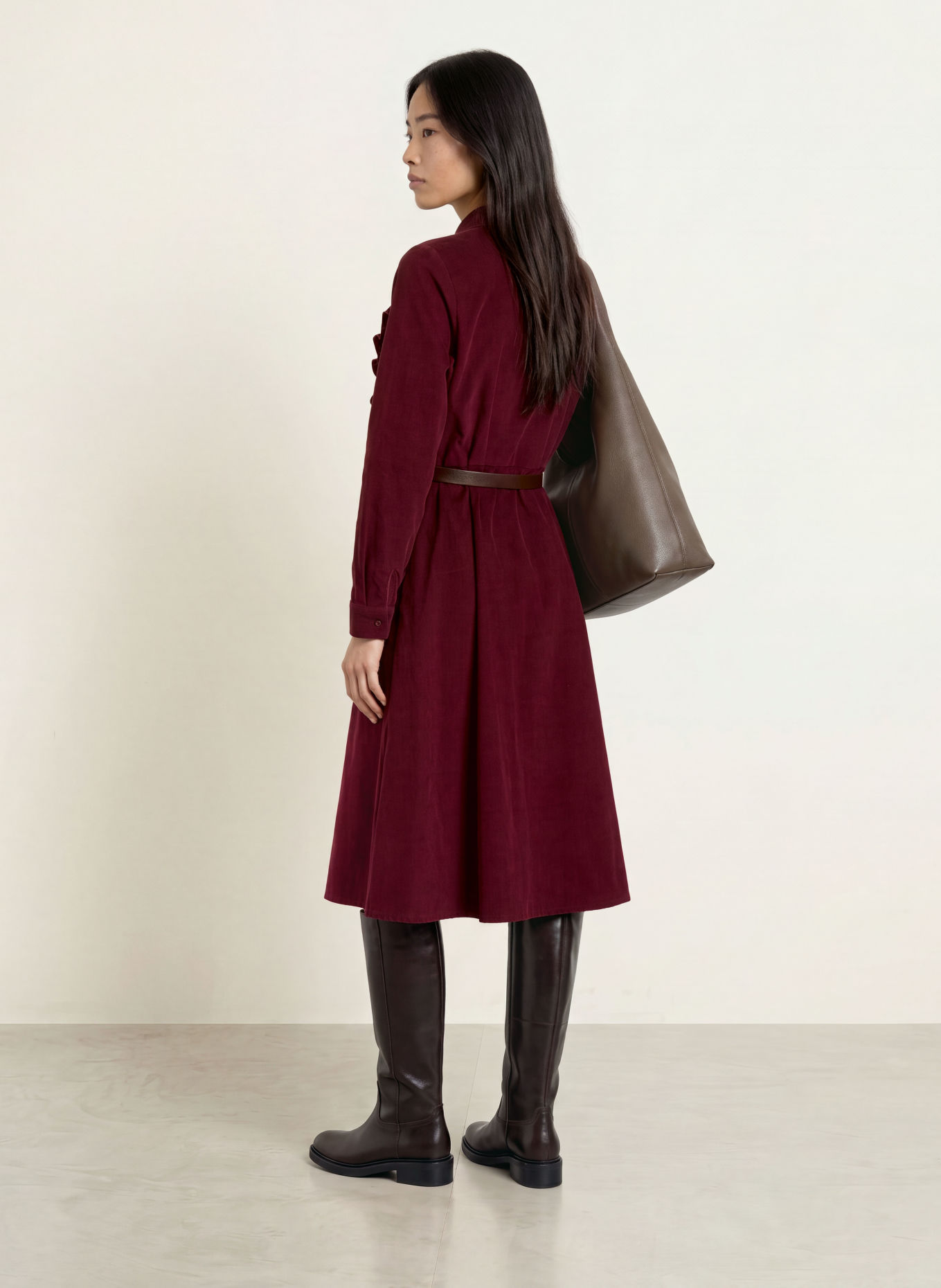 MORE & MORE Corduroy dress with ruffles: DARK RED