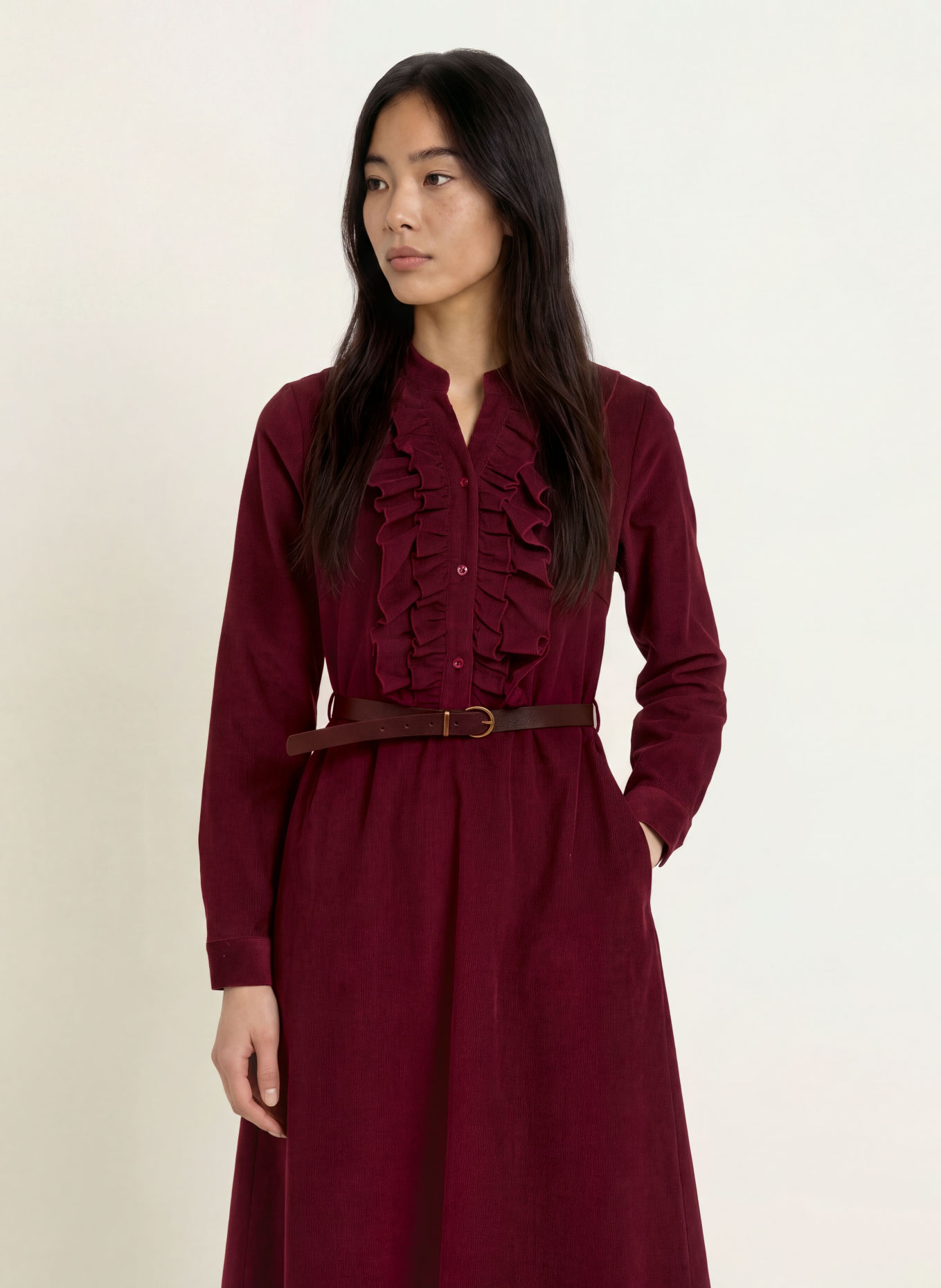 MORE & MORE Corduroy dress with ruffles: DARK RED