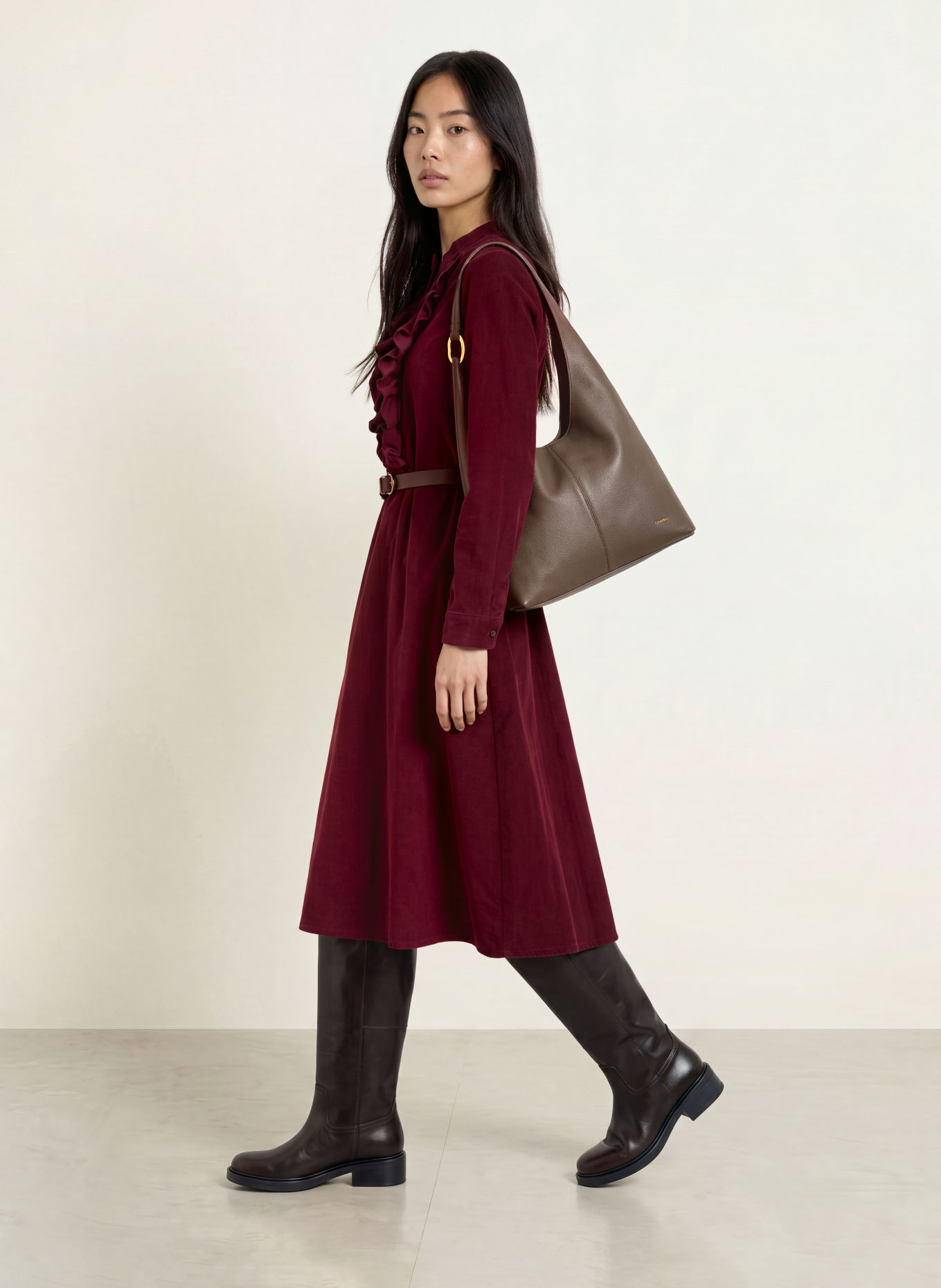MORE & MORE Corduroy dress with ruffles: DARK RED