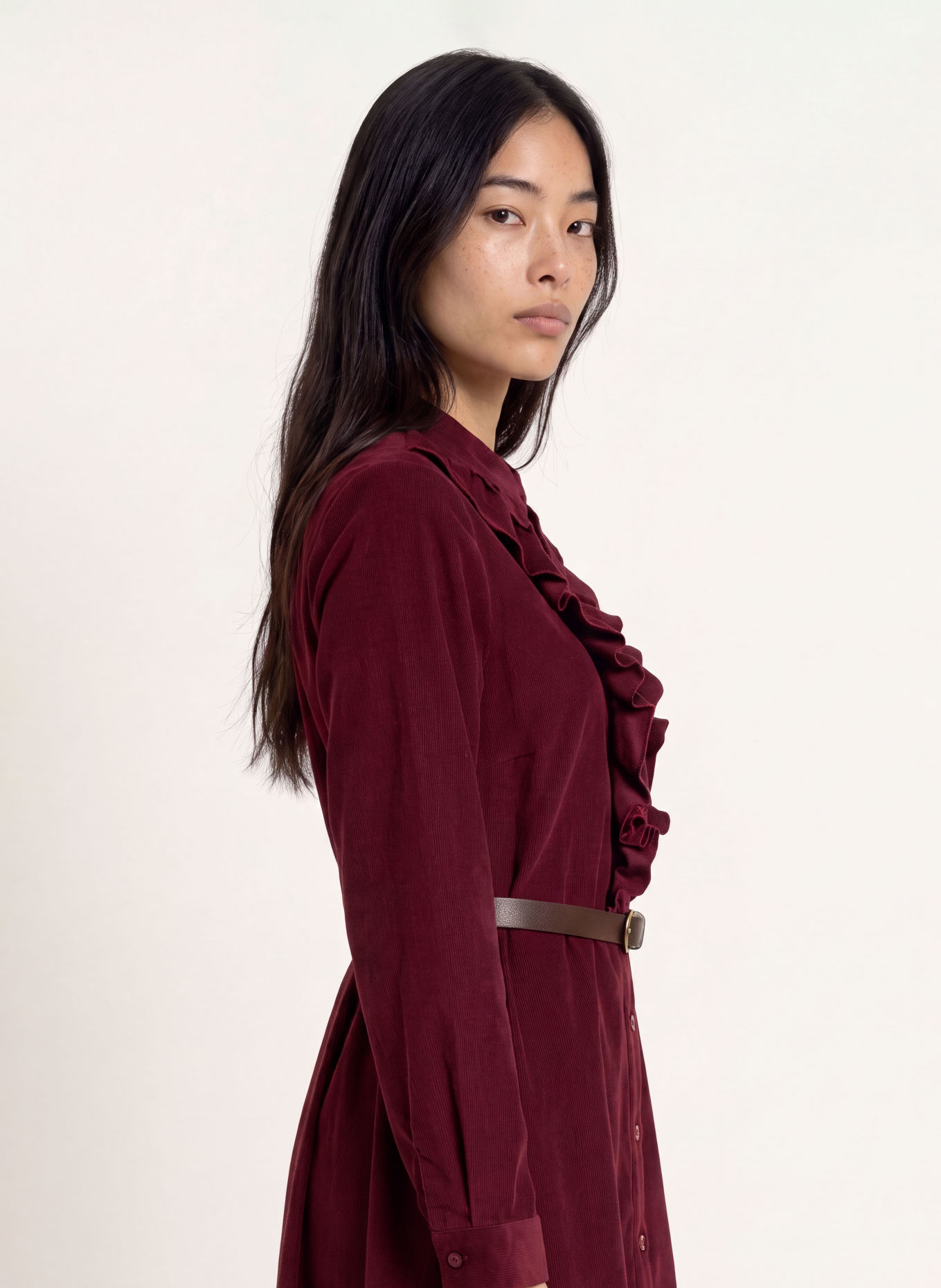 MORE & MORE Corduroy dress with ruffles: DARK RED