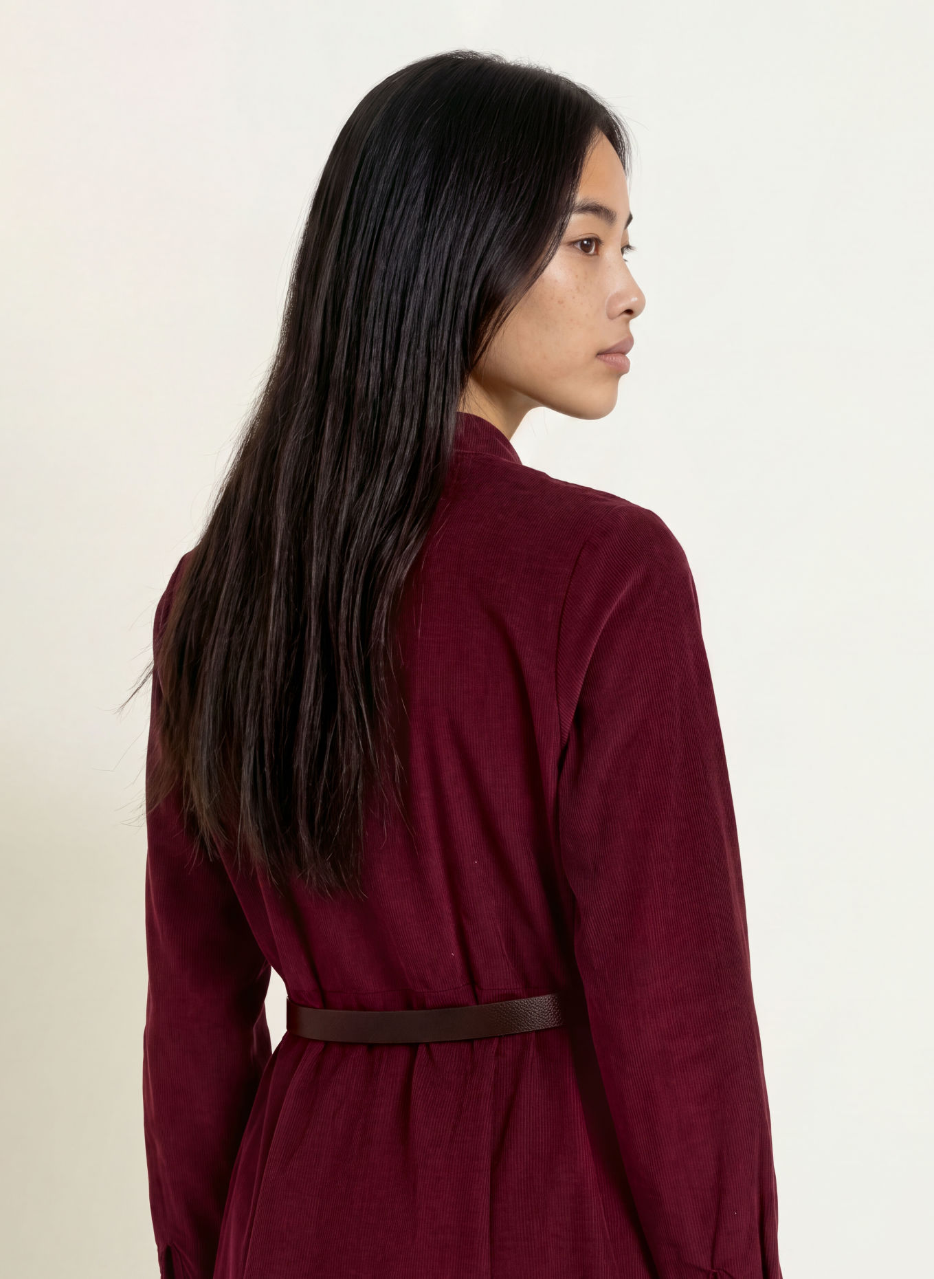 MORE & MORE Corduroy dress with ruffles: DARK RED