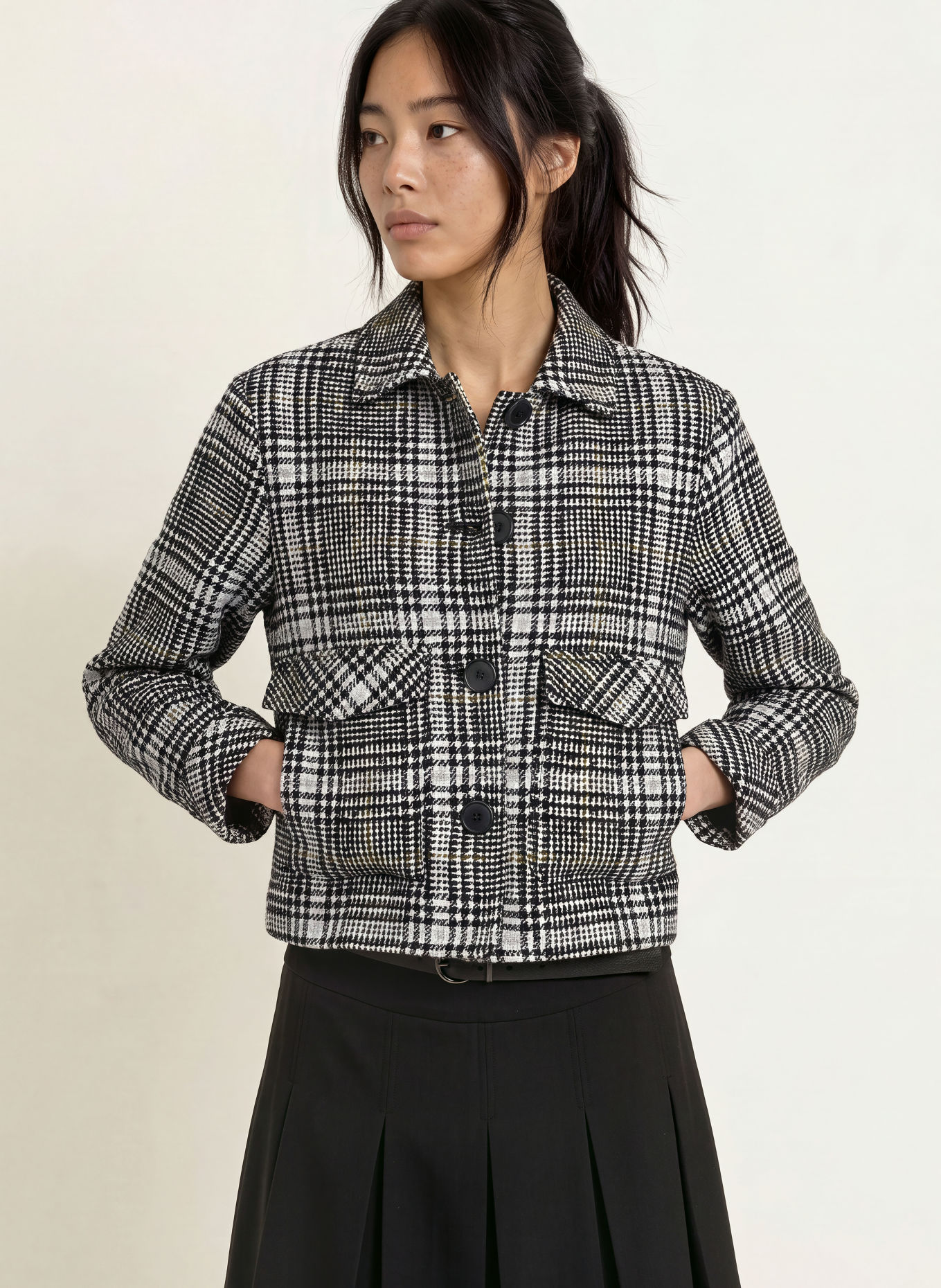 MORE & MORE Tweed-blazer: SORT / OLIVEN / HVID