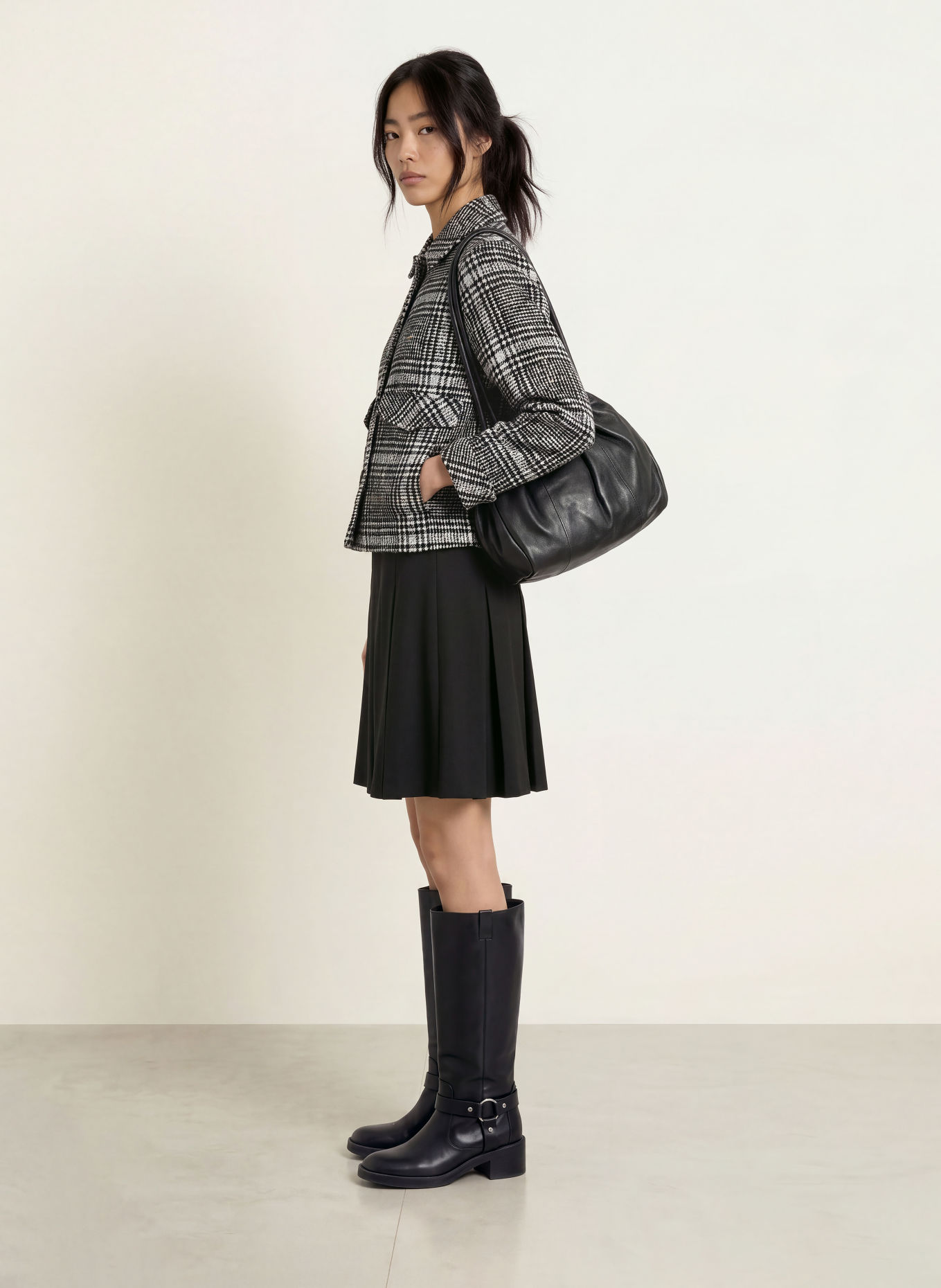 MORE & MORE Tweed-blazer: SORT / OLIVEN / HVID