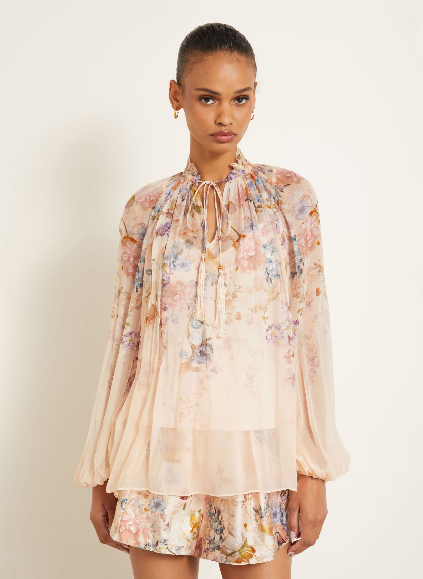 ZIMMERMANN Chemisier VALIANT à volants: OR ROSÉ / LILAS / BLEU