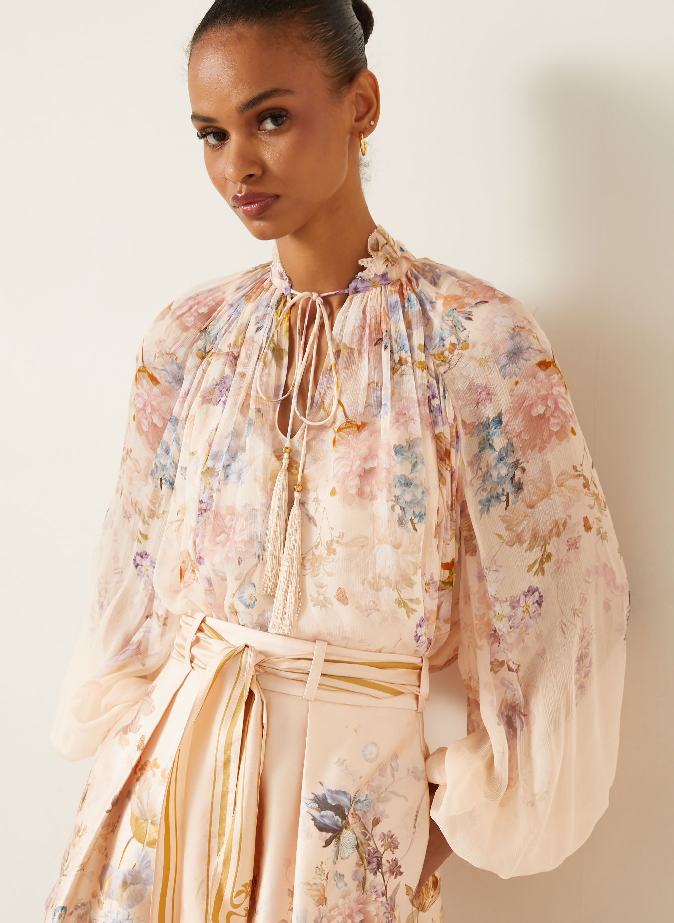 ZIMMERMANN Chemisier VALIANT à volants: OR ROSÉ / LILAS / BLEU