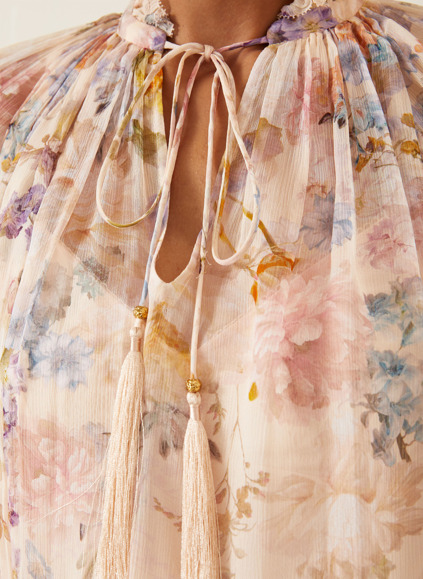 ZIMMERMANN Chemisier VALIANT à volants: OR ROSÉ / LILAS / BLEU