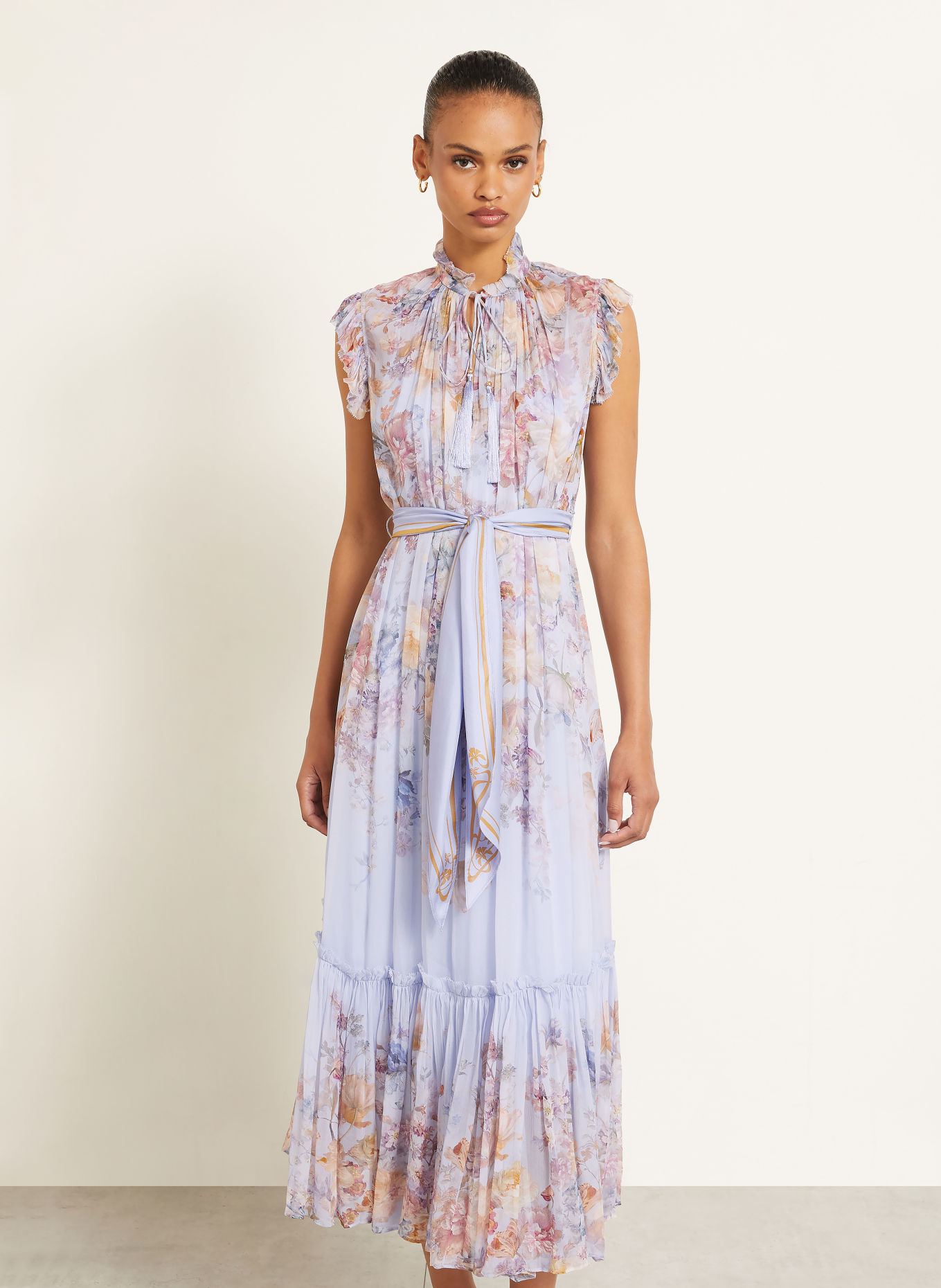 ZIMMERMANN Jurk VALIANT met ruches: LICHTBLAUW / BRUIN / PAARS