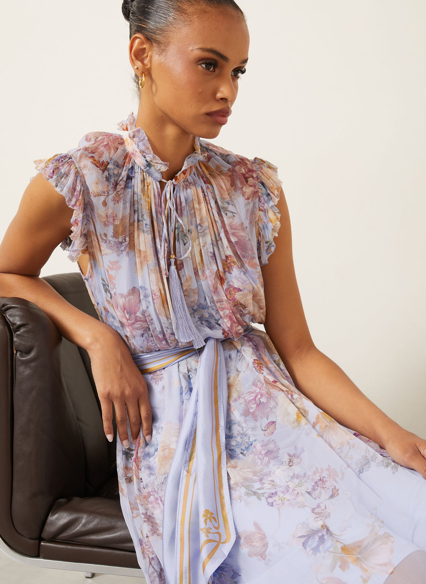 ZIMMERMANN Jurk VALIANT met ruches: LICHTBLAUW / BRUIN / PAARS