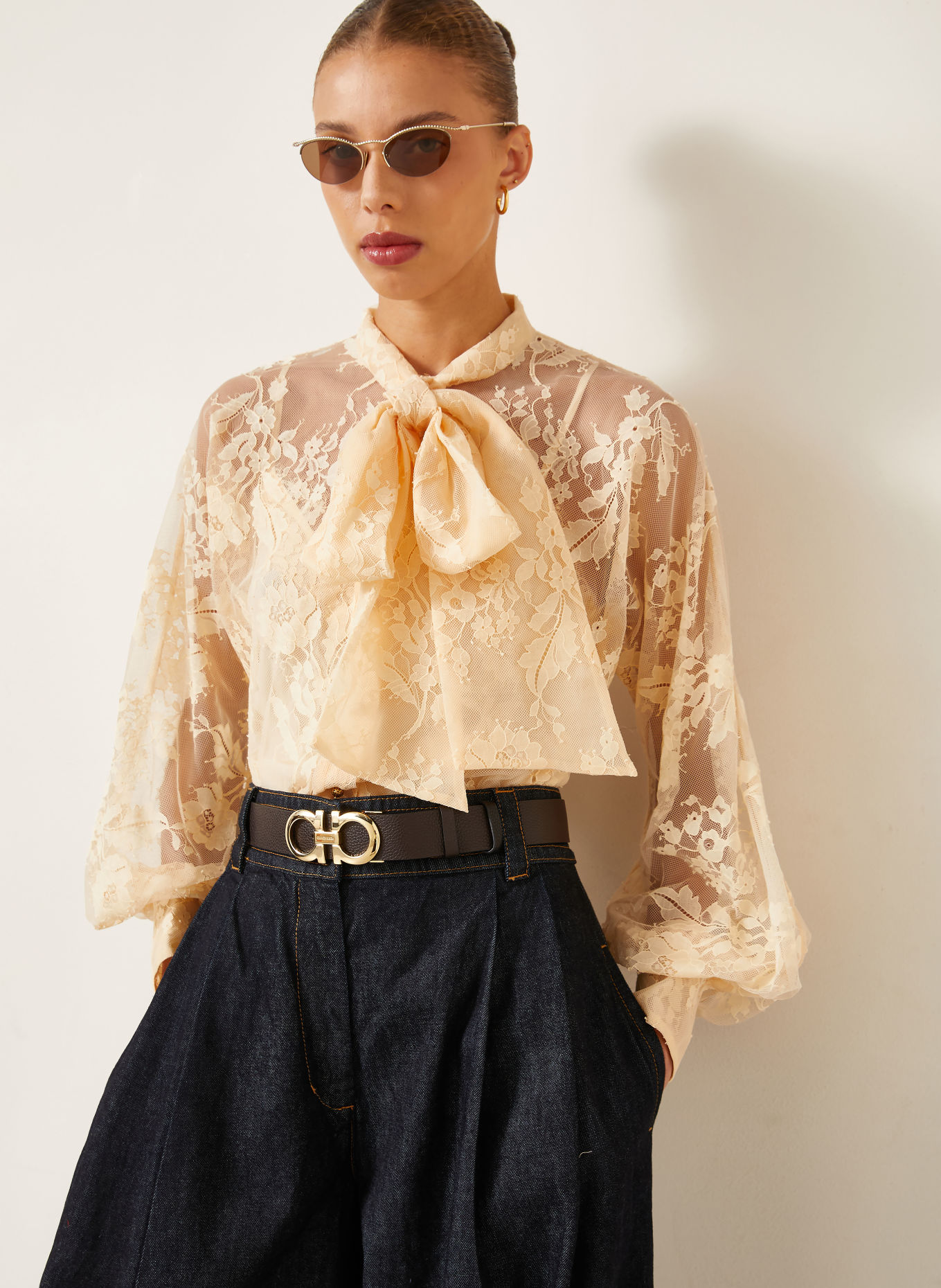 ZIMMERMANN VALIANT Tie-neck blouse in lace: LIGHT YELLOW