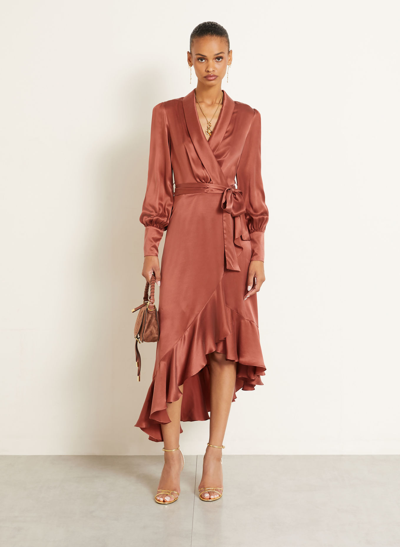 ZIMMERMANN Robe portefeuille en soie à volants: VIEUX ROSE