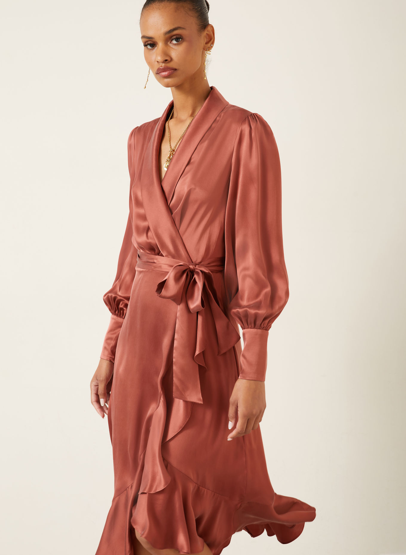 ZIMMERMANN Robe portefeuille en soie à volants: VIEUX ROSE
