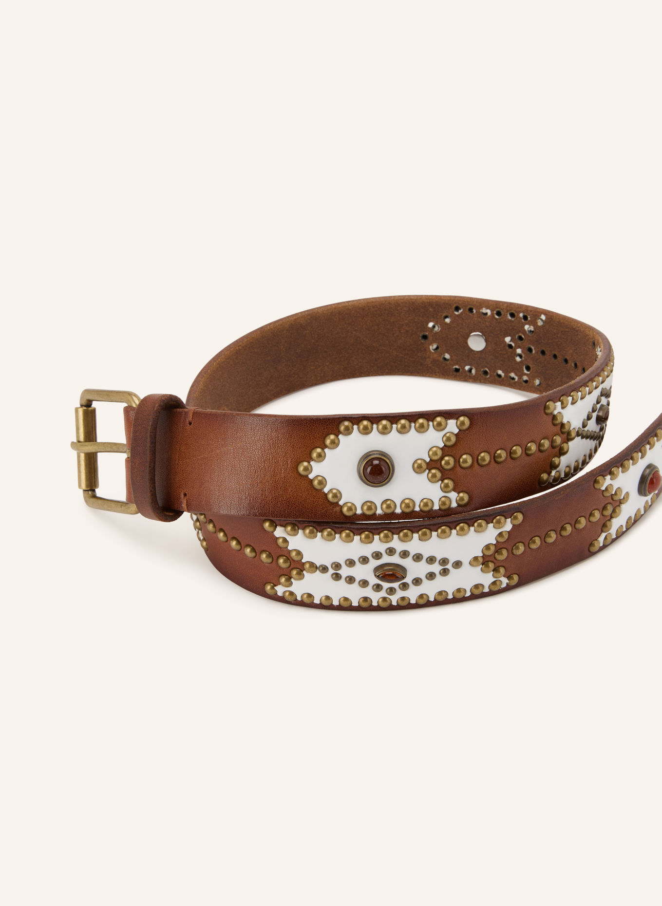 POST & CO Leather belt with studs and gemstones: BROWN / GOLD / WHITE